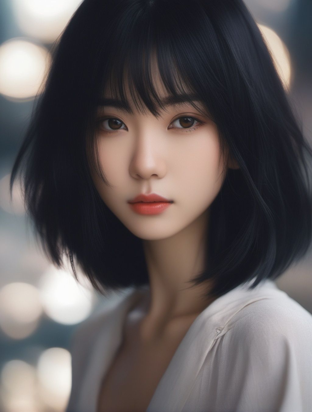 1girl,black hair,floating hair,looking at viewers,((front)),upper body,soft light,dark style,{{masterpiece}},{{{best quality}}},{{ultra-detailed}},{{illustration}},{{disheveled hair}},depth of field (dof),Close-Up(CU),(by artist Aliza Razell:1.5),FUJI,real asian girls,real photos,<lora:FUJI_SDXL_V1.0:0.7>,