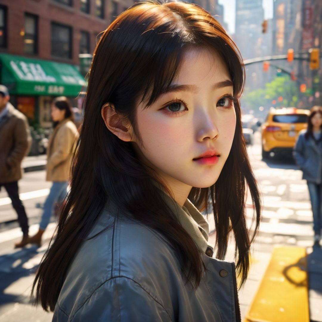 (masterpiece,realistic, best quality), 1 girl, korean,full body portrait, sharp focus, soft light, volumetric lighting with backlight, photorealism, in a street of new york city, spring