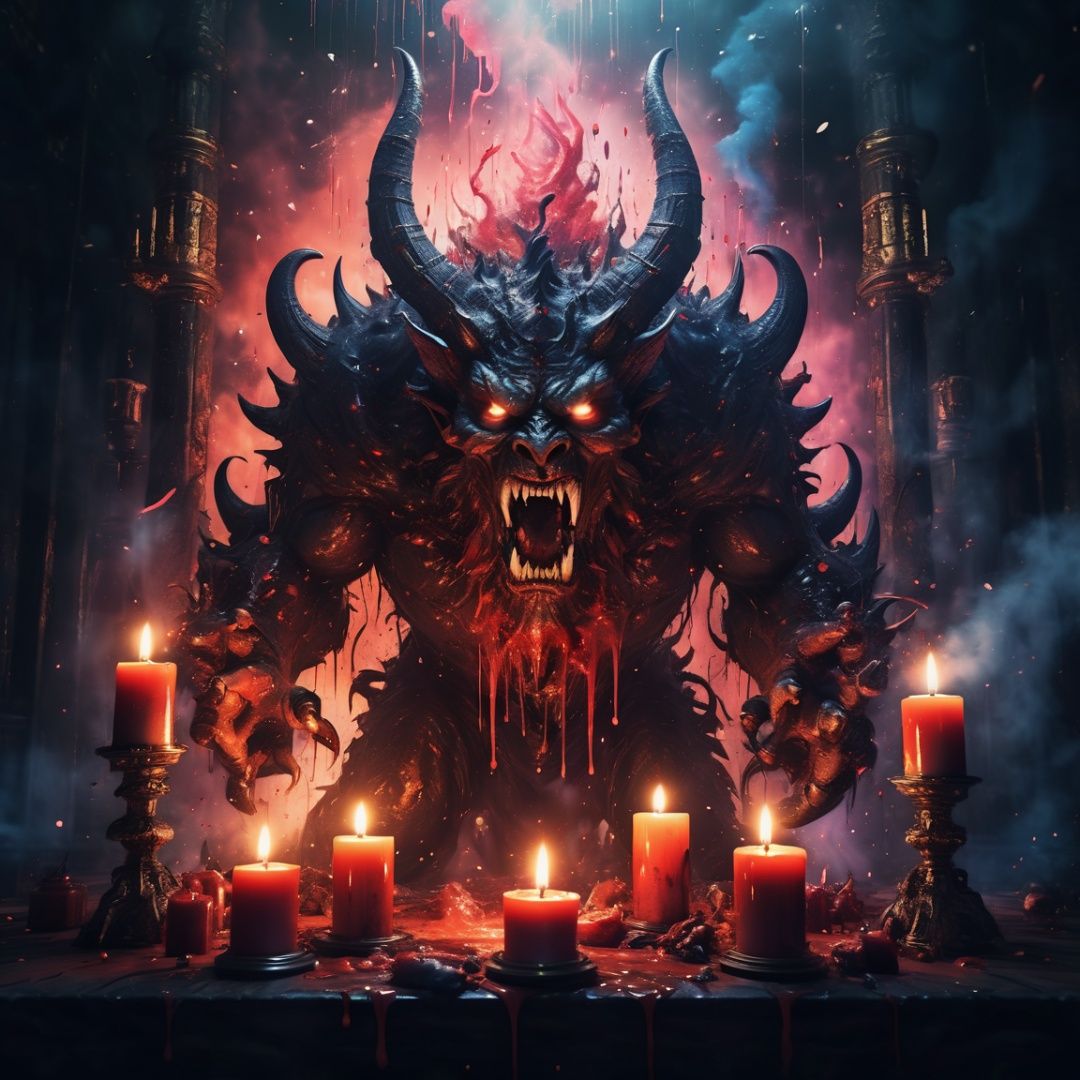 Portrait of a terrifying demon, candles, in a dark room, explosion of liquid splash blood, highly detailed, fantasy background, illustration