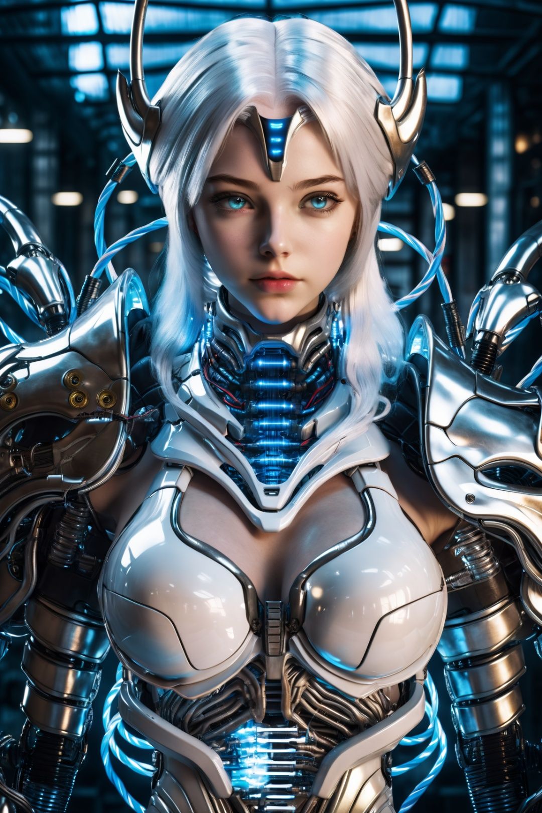 surreal photo of a girl, blue eyes, white hair, huge breasts, cyborg, shiny armor, giger, wires, mechanical ribs, realistic, fujifilm, 8k, HDR