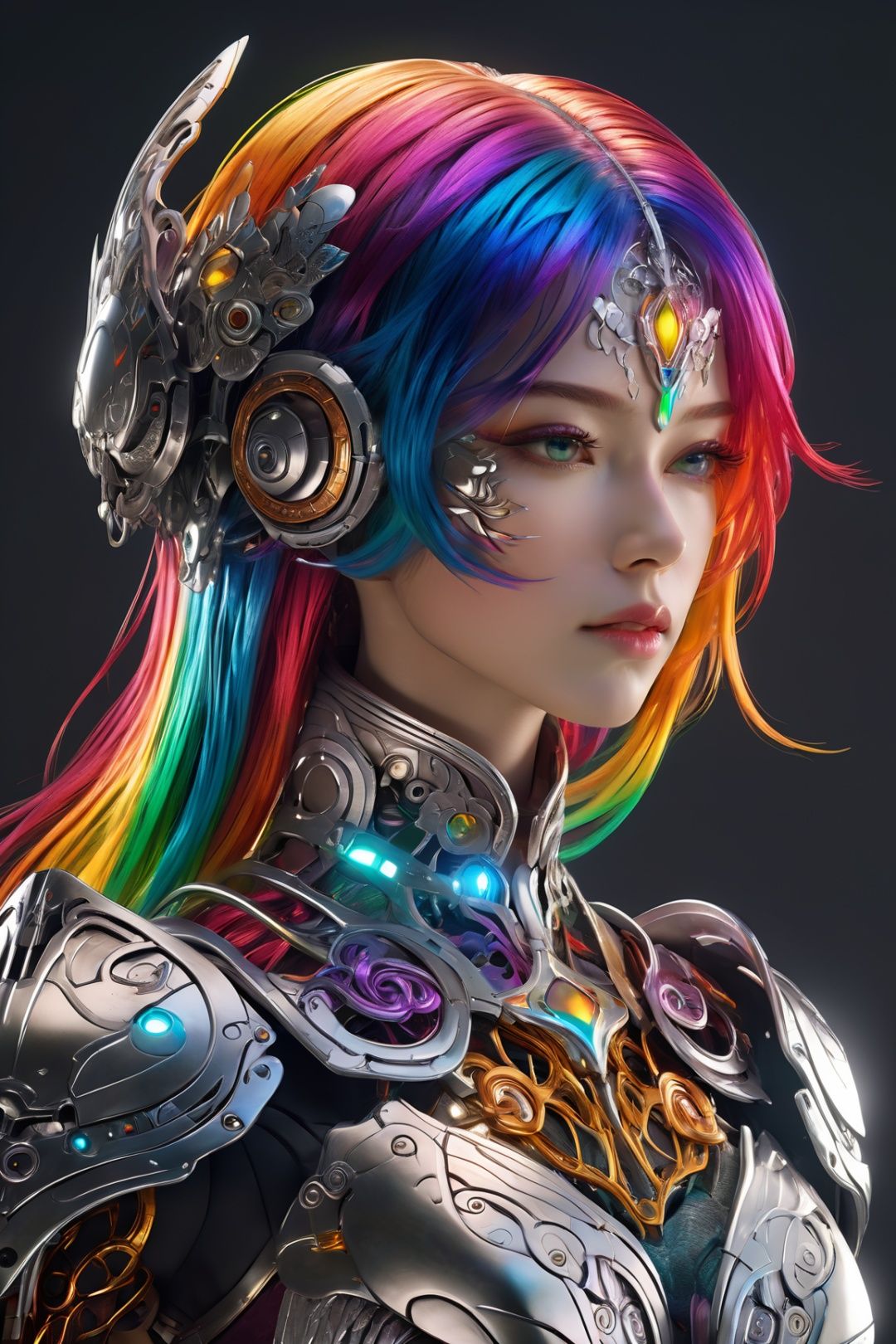 surreal photography of a stunning beautiful cyborg female, rainbow hair, huge breast, (beauty and detailed armor), embraced, delicate white filigree, intricate filigree, glowing, navel, highly detailed, intricate detailed, face symmetry, masterpiece, award-winning, sharp focus, concept art, low key, 8k, uhd, low key, octane render
