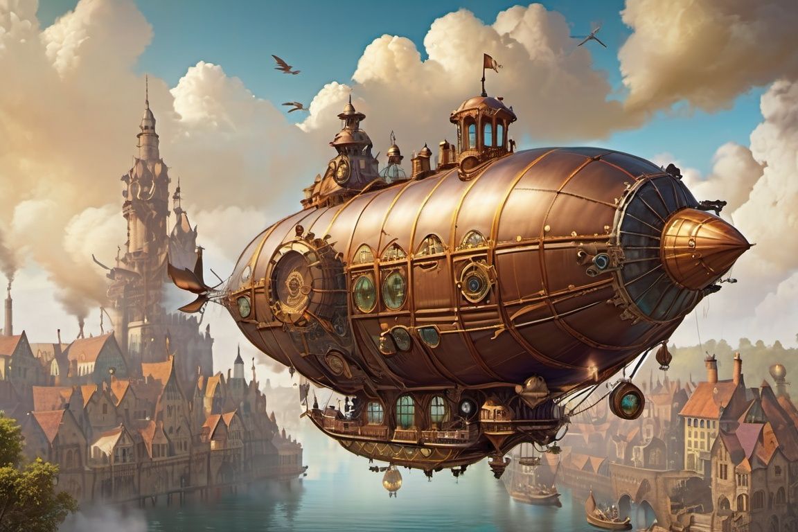steampunk style,  steampunk airship flies towards a medieval floating city on Tensor.Art