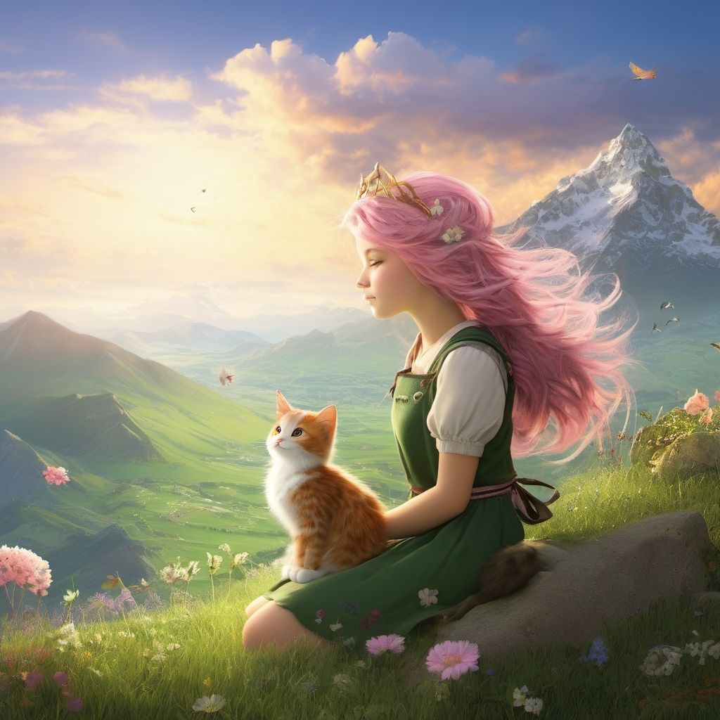 1girl, grass, flower, cat, long hair, outdoors, cloud, solo, pink hair, mountain, bird