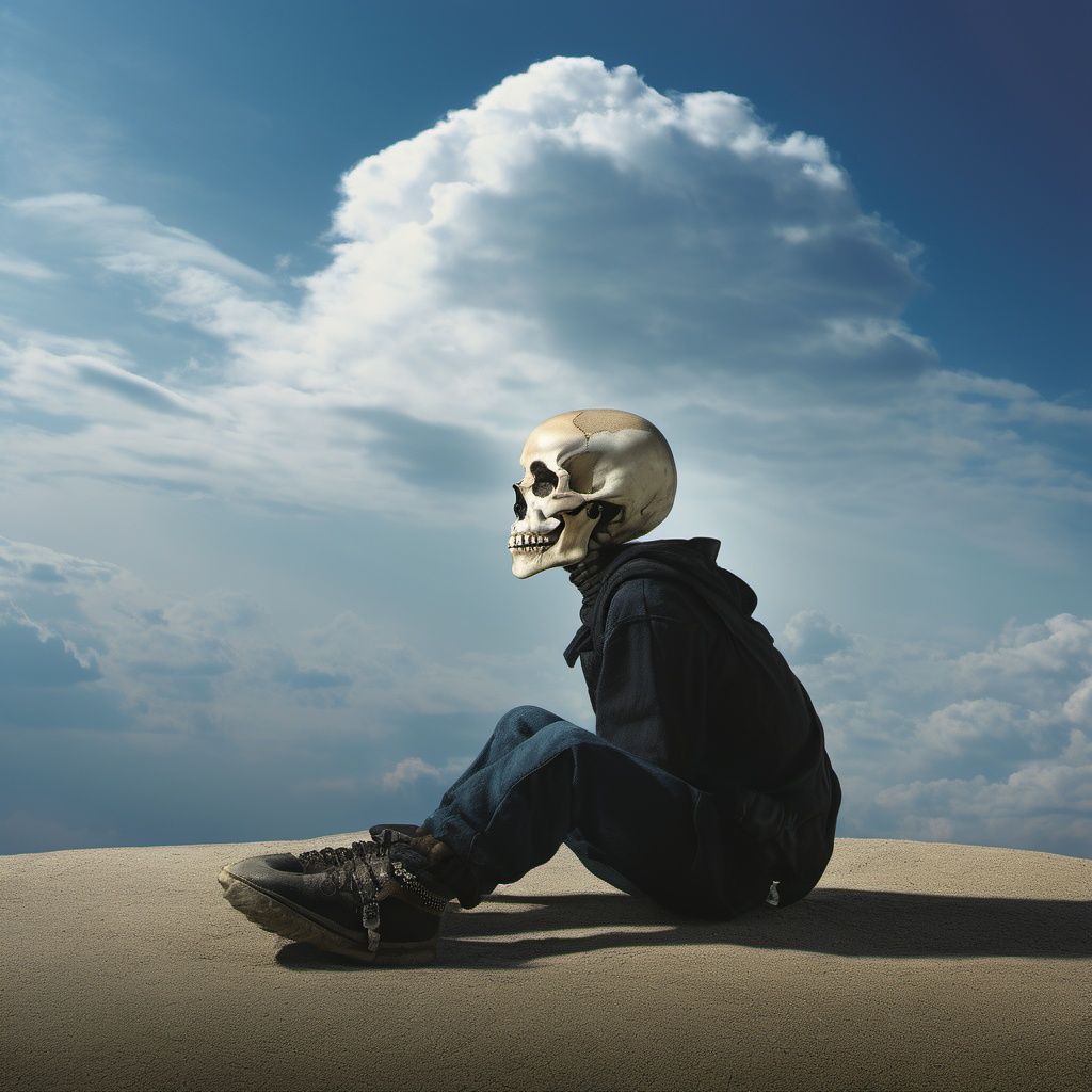 photorealistic, 1boy, skeleton, skull, sitting, cloud, sky,  male focus