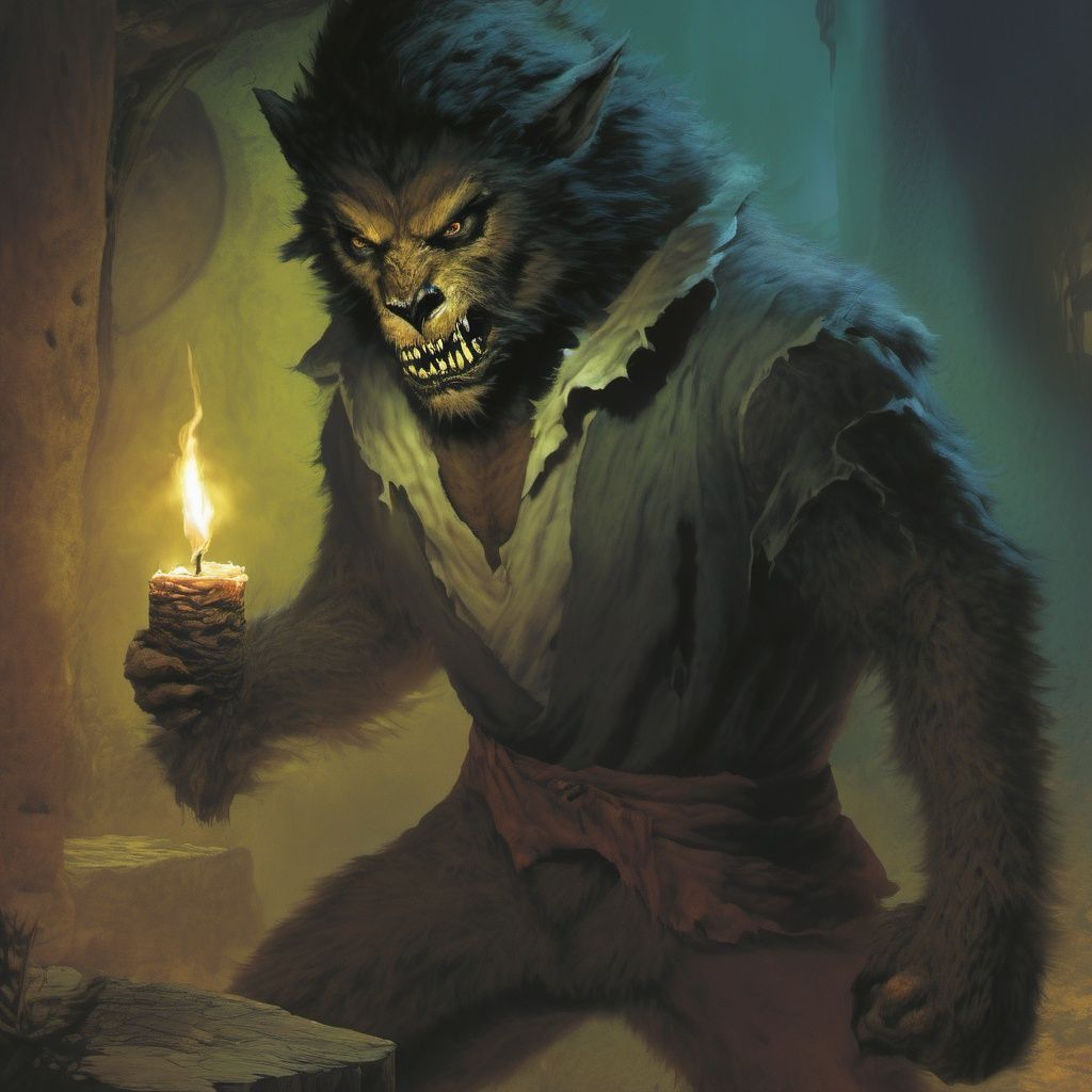 werewolf, solo, 1boy, male focus, teeth, candle