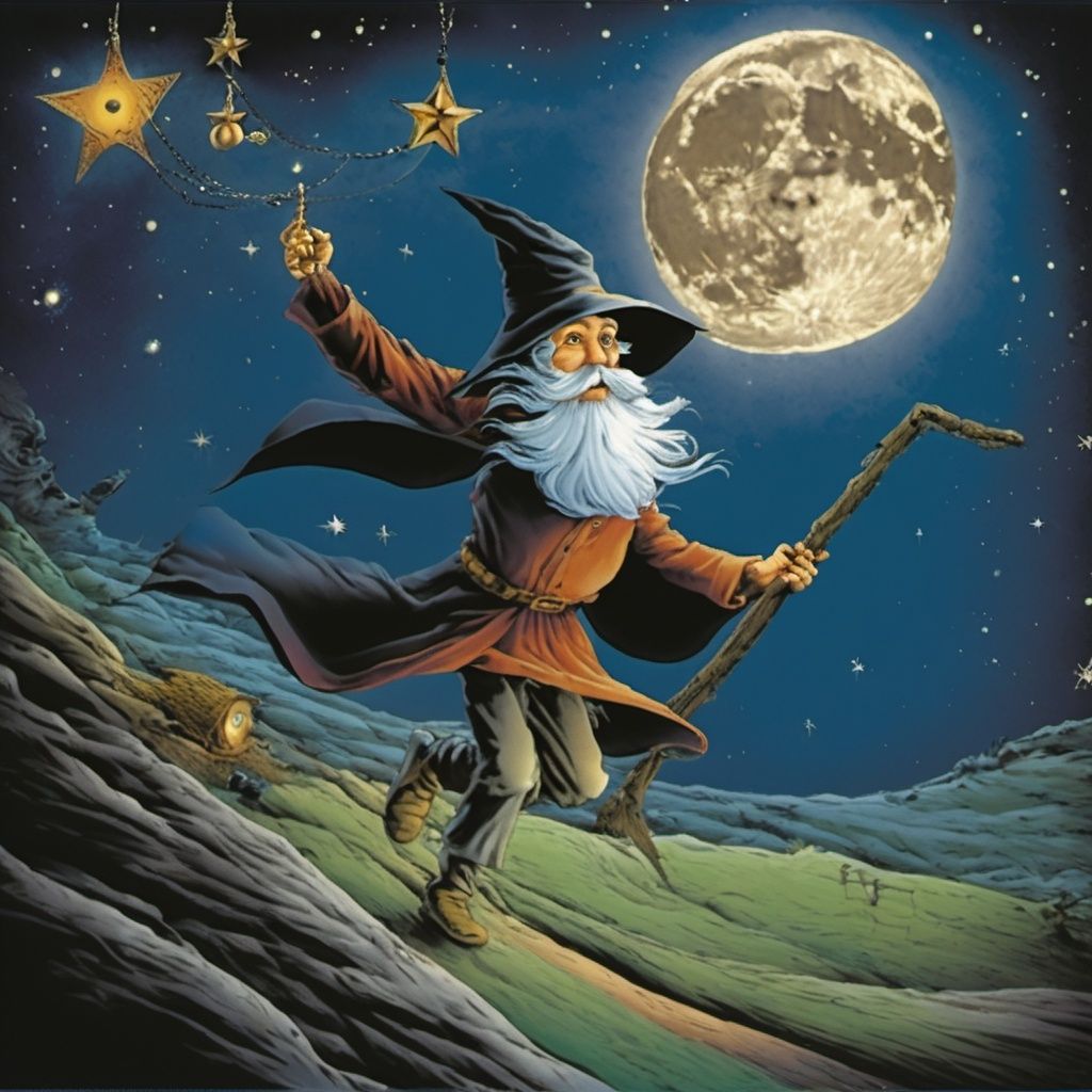 wizard, beard, facial hair, 1boy, hat, male focus, solo, moon, old, old man, star \(sky\), night, witch hat