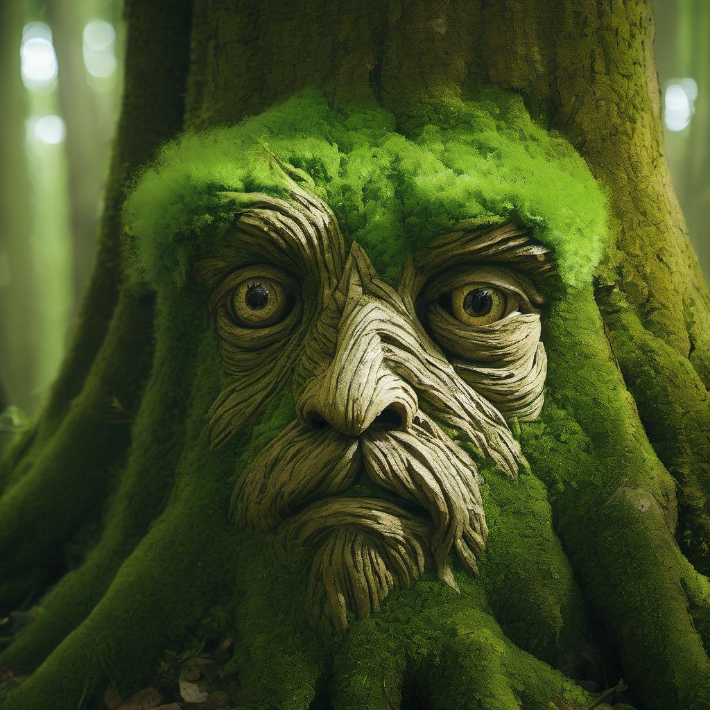 treant, no humans, green eyes, solo, blurry, photorealistic, looking at viewer, moss, facial hair, beard