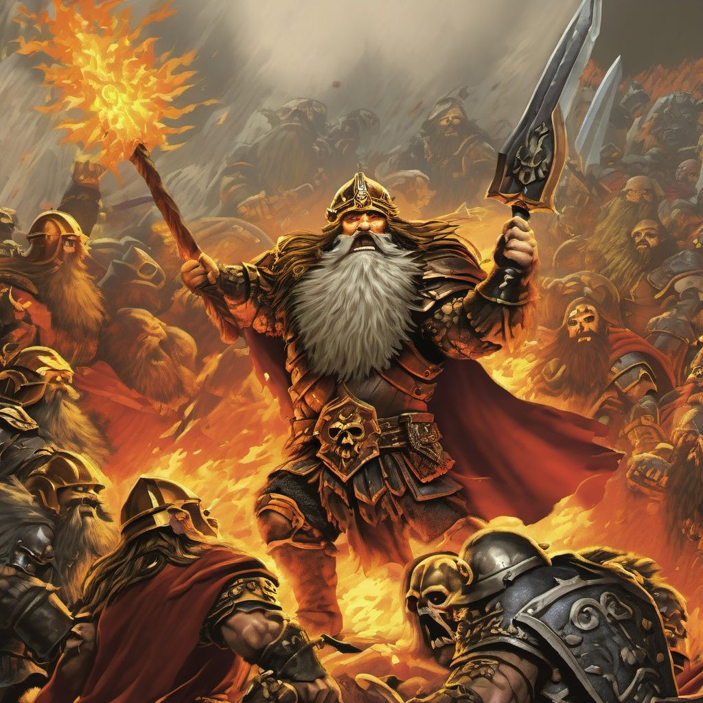 dwarf, weapon, armor, facial hair, beard, sword, helmet, male focus, 1boy, fire, glowing eyes, cape, long hair, skull, shield, holding
