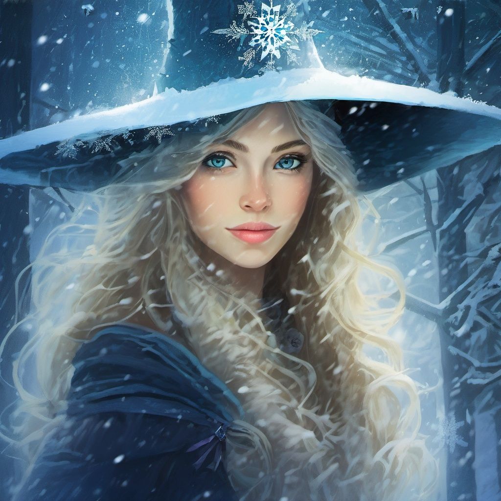 1girl, solo, hat, long hair, blonde hair, blue eyes, witch hat, snow, snowing, looking at viewer, tree, lips, witch, winter