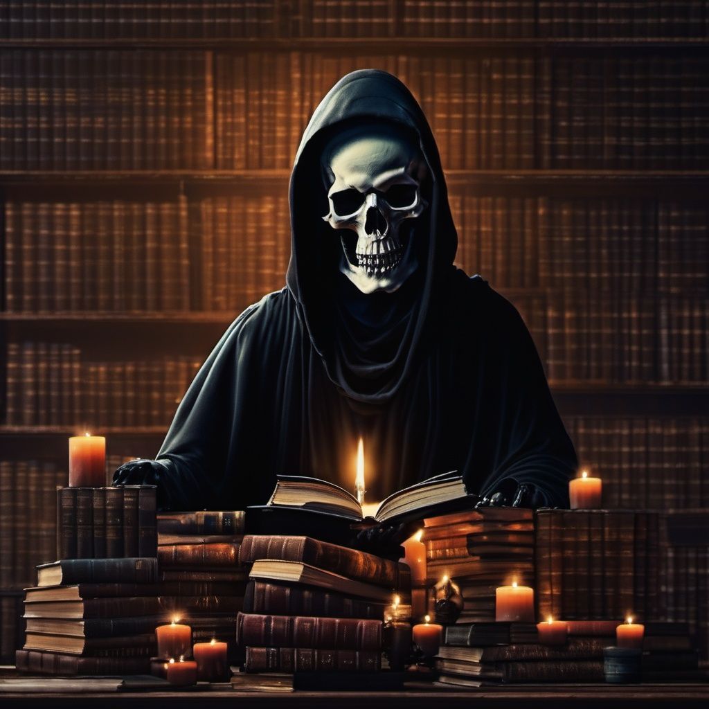 eath, candle, book, skull, hood, skeleton, bookshelf, robe, sitting, indoors, holding, candlestand, book stack, solo, hood up, open book
