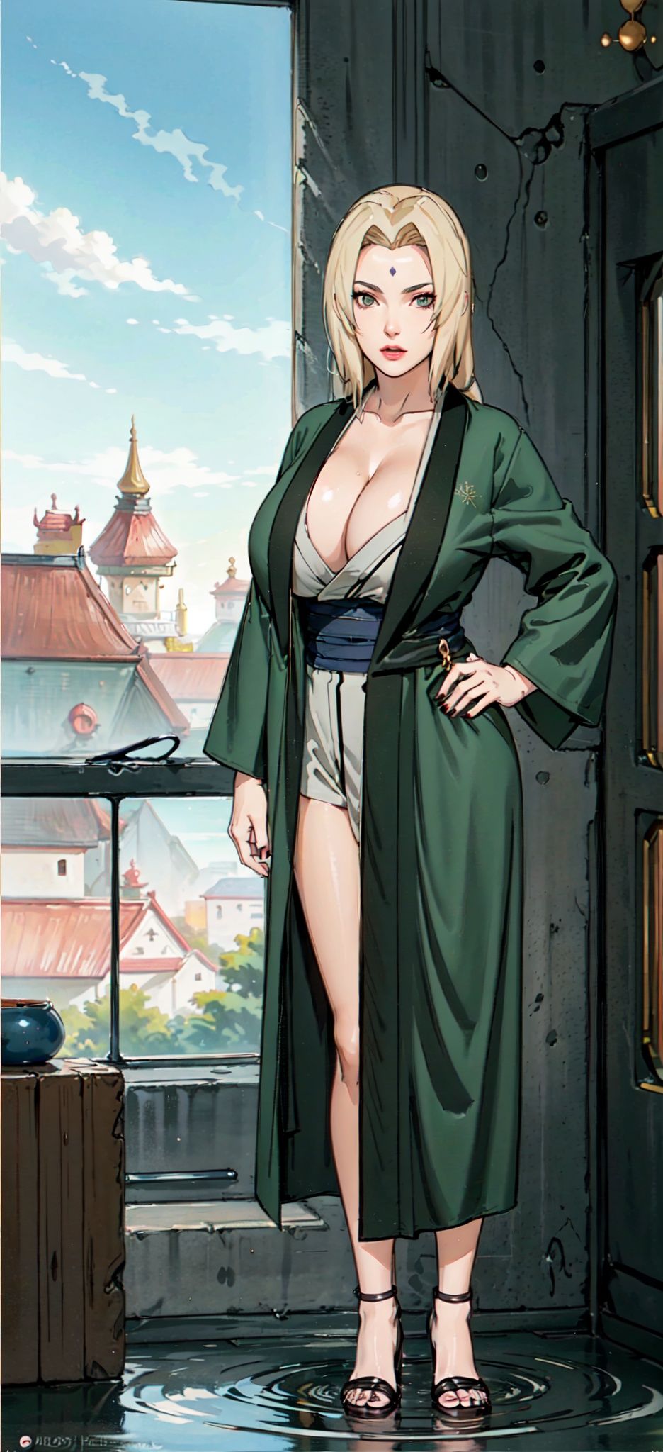 Full body. (Best Quality), (Masterpiece), a very exquisite and beautiful girl, very detailed, amazing, with exquisite details, official art, super detailed, high-level, beautiful details girl, with a radiant face,A girl standing in front of a dragon, long, without humans, dragon, (floating blonde hair), jade water book, water, waves, full of water energy, all mechanical, pink mechanical, MIX4,swordsman,east_asian_architecture,Tsunade,Kimono.,Real,Kimono,Fake breasts,Wearing deep_V-neck_dress,Update,Lighting. Green outcoat., <lora:EMS-7047-EMS:0.8>, <lora:EMS-14486-EMS:0.5>, <lora:EMS-20392-EMS:0.4>, <lora:EMS-14413-EMS:0.8>
