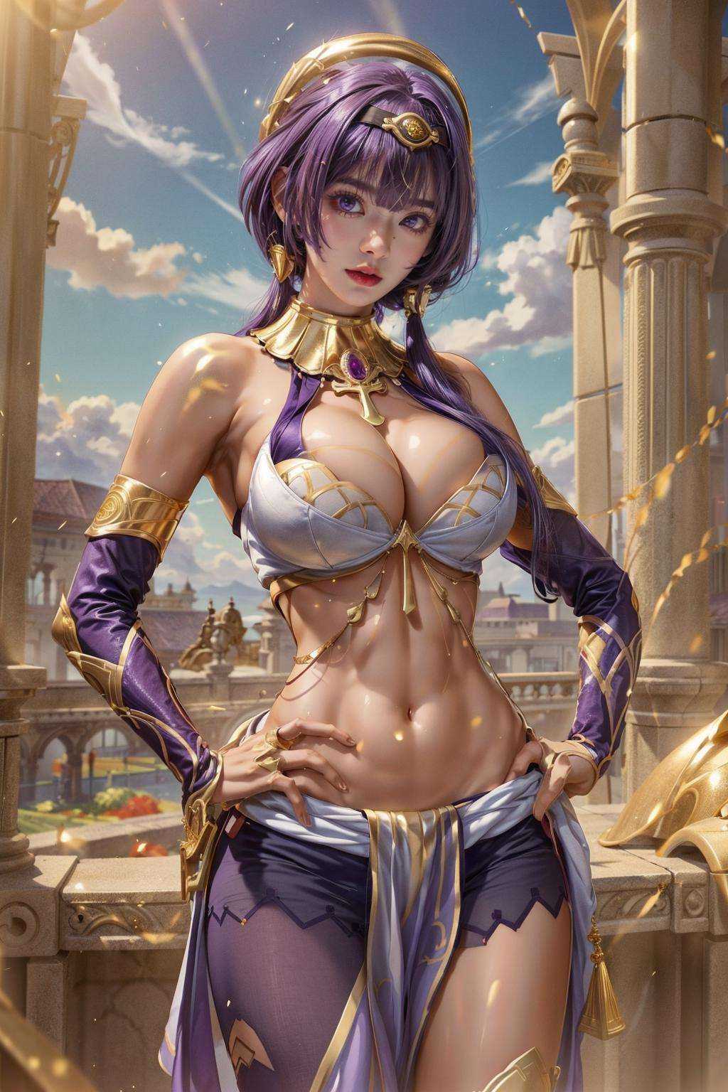 best quality,(photorealistic:1.4),(storm:1.3),Describe sunlight streaming through billowing curtains in an ancient palace,casting radiant beams that dance across the floor,bringing the sculptures and murals within to life..,(gold jewelry:1.3),the surging dark golden streamer,(purple hair:1.3),((large breasts:1.5)),(kandisi:1.2),masterpiece,(upper body:1.3),(standing:1.2),shine the metallic light of this golden palace,(ultra detailed:1.3),(solo:1.2),1girl,(long hair:1.1),(large breasts:1.3),(sky:1.2),(blunt bangs:1.2),see-through,outdoors,unity 8k wallpape,<lora:kandisi_20230731015343:0.7>,purple eyes,<lora:调细节增强器0.5~1 more_details:0.6>,