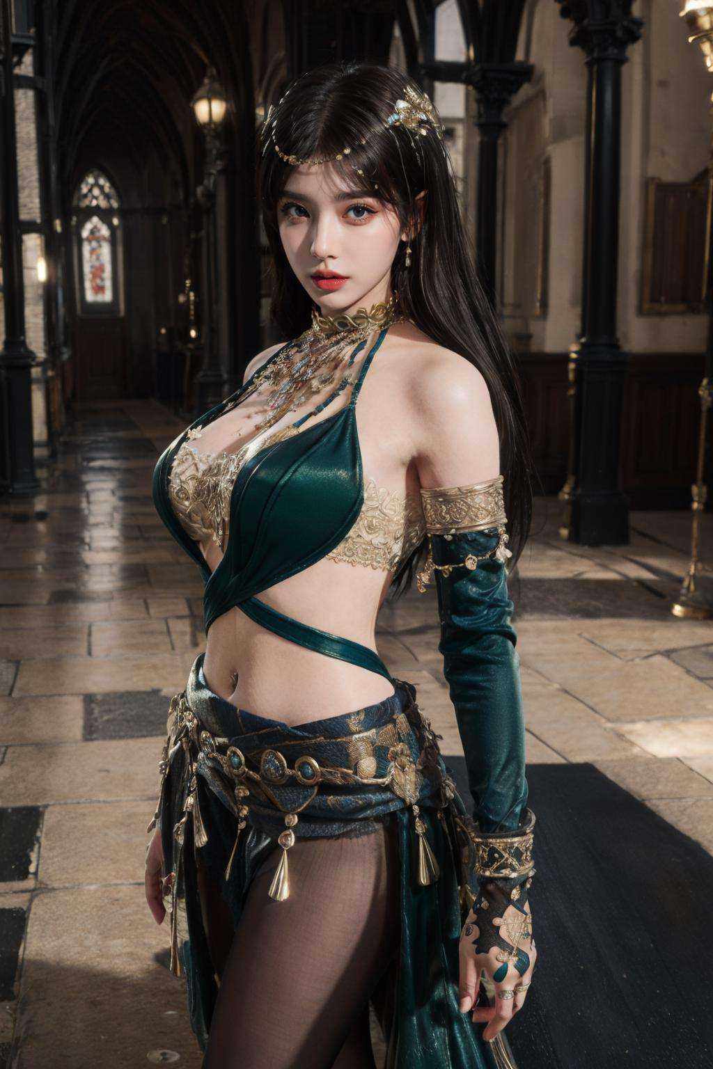 (masterpiece:1.5),(best quality:1.4),(photorealistic:1.4),(ultra detailed:1.3),(full body:1.2),(light:1.3),lips,breasts,(with its narrow cobblestone streets and picturesque blue-domed churches.:1.2),One sided skirt,grey eyes,black gloves,filmg,unity 8k wallpaper,1girl,solo,(hair ornament:1.1),<lora:调细节添加-2~2 add_detail:0.7>,<lora:FilmG3:0.5>,<lora:ChineseDollLikenessV3.0:0.2>,hair ornament,<lora:jialuofenghuajuedai_20230719112934:0.7>,fenghuajuedai,Calf strap,Hairnet,Green Strap Chest,necklace,dress,