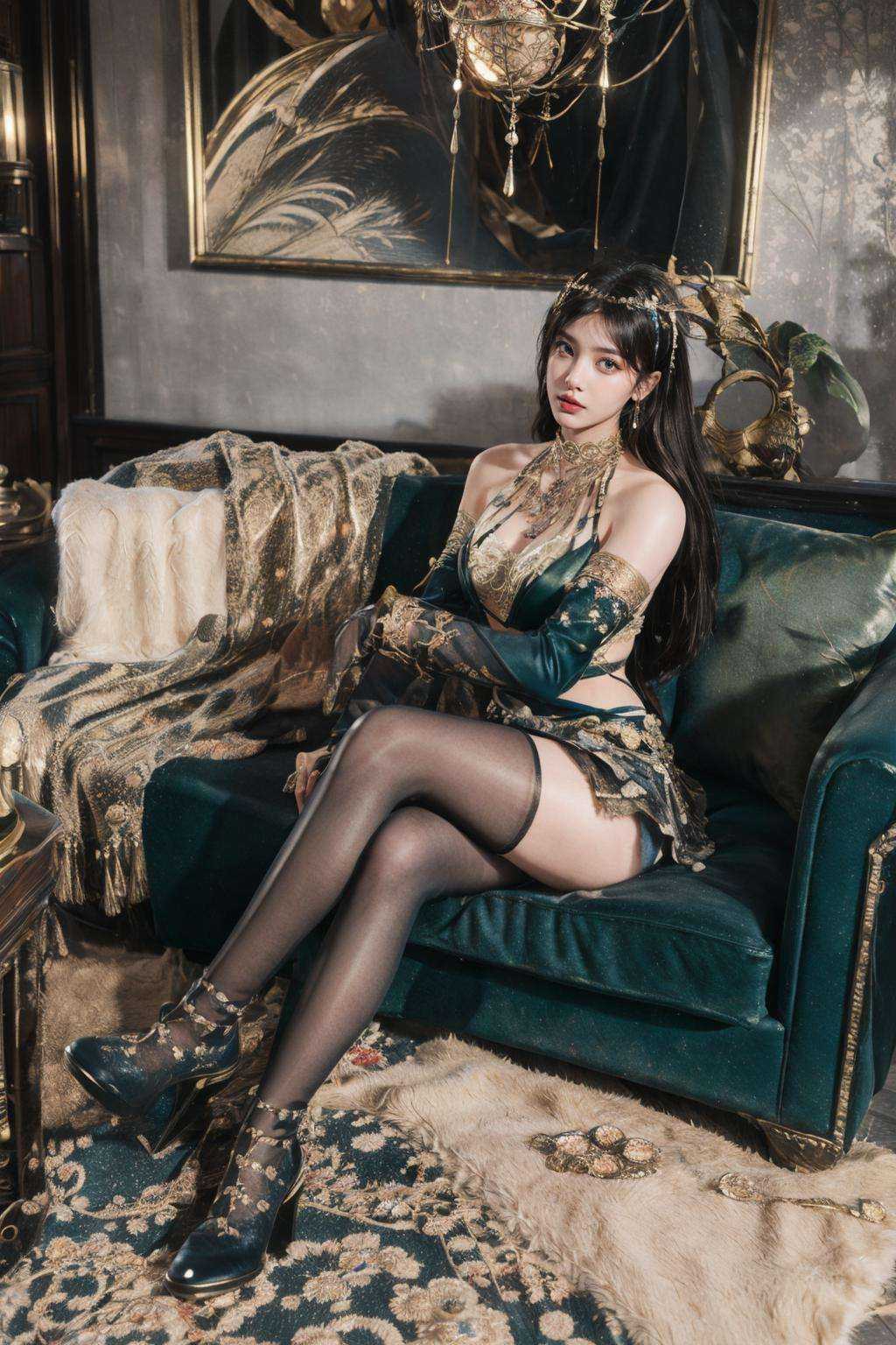 (masterpiece:1.5),(best quality:1.4),(photorealistic:1.4),(ultra detailed:1.3),(full body:1.2),(light:1.3),lips,breasts,(with its narrow cobblestone streets and picturesque blue-domed churches.:1.2),One sided skirt,grey eyes,black gloves,filmg,unity 8k wallpaper,1girl,solo,(hair ornament:1.1),<lora:调细节添加-2~2 add_detail:0.7>,<lora:FilmG3:0.5>,<lora:ChineseDollLikenessV3.0:0.2>,hair ornament,<lora:jialuofenghuajuedai_20230719112934:0.7>,fenghuajuedai,Calf strap,Hairnet,Green Strap Chest,necklace,dress,