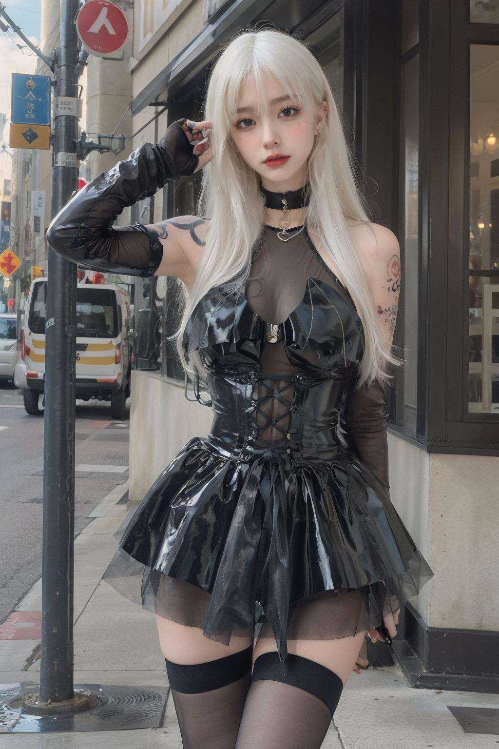 masterpiece,best quality,(photorealistic:1.4),(ultra detailed:1.3),masterpiece,(white hair:1.2),(long hair:1.3),large breasts,(tattoo:1.3),pantyhose,black dress,(city:1.2),unity 8k wallpaper,(outdoors:1.3),patent leather dress,1girl,<lora:patent leather dress_20230726011158-000008:0.7>,