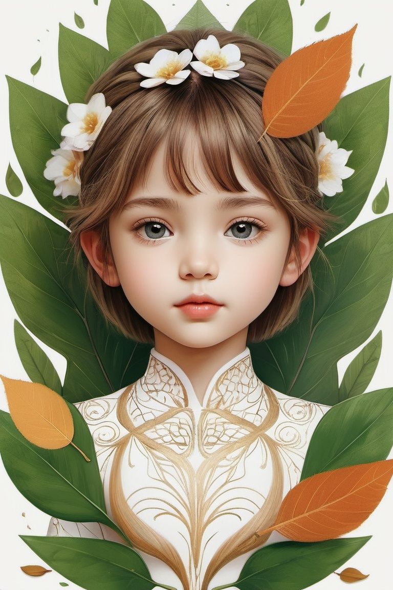 Paint a picture of the perfect balance between art and nature. a beautiful and cute little boy,  Incorporate elements like...