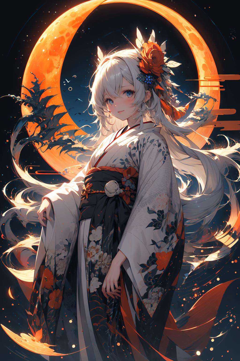 (masterpiece:1.2), best quality,PIXIV,  As the moon,1girl, solo, long hair, moon, japanese clothes, kimono,  <lora:As the moon_20230809104912-000018:1>