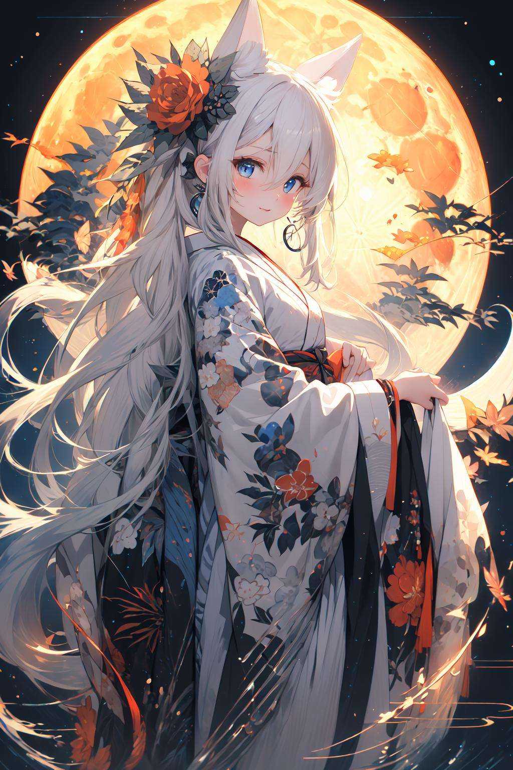 (masterpiece:1.2), best quality,PIXIV,  As the moon,1girl, solo, long hair, moon, looking at viewer, full moon, japanese clothes, blue eyes, white hair, kimono, wide sleeves, long sleeves, animal ears, floral print, egasumi, hair ornament, bangs, hair between eyes, standing, closed mouth, jewelry, blush, earrings, white kimono, print kimono <lora:As the moon_20230809104912-000018:1>