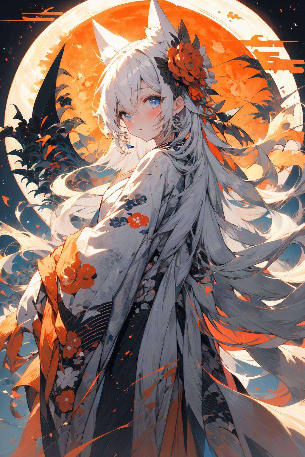 (masterpiece:1.2), best quality,PIXIV,  As the moon,1girl, solo, long hair, moon, looking at viewer, full moon, japanese clothes, blue eyes, white hair, kimono, wide sleeves, long sleeves, animal ears, floral print, egasumi, hair ornament, bangs, hair between eyes, standing, closed mouth, jewelry, blush, earrings, white kimono, print kimono <lora:As the moon_20230809104912-000018:1>