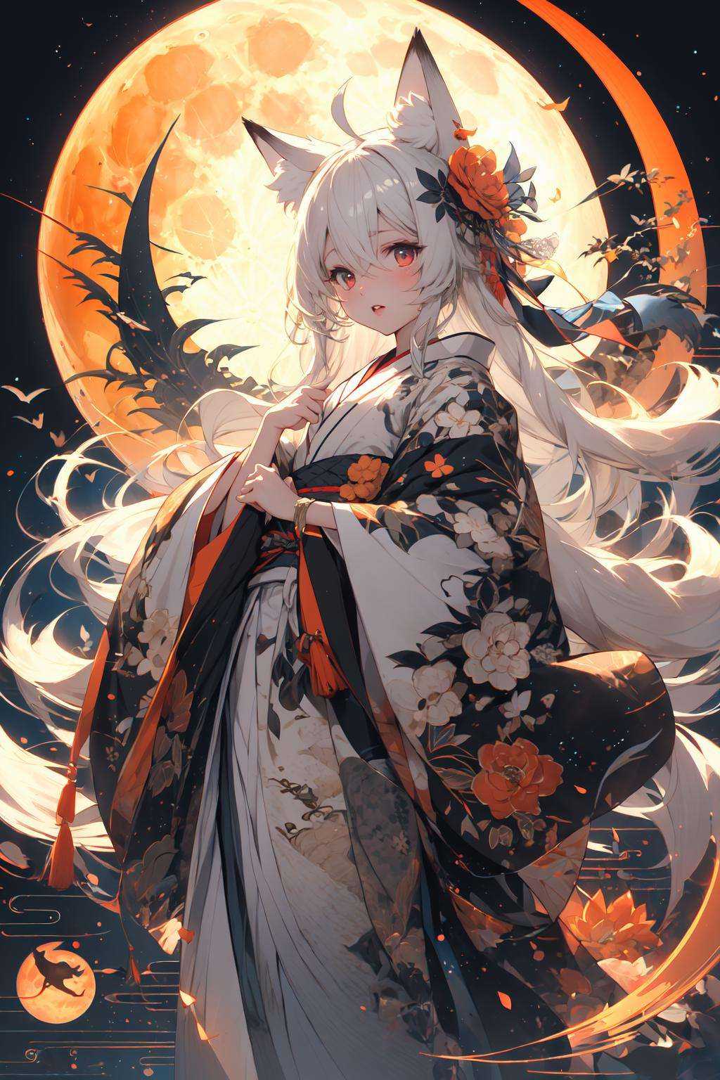 (masterpiece:1.2), best quality,PIXIV,  1girl, solo, long hair, moon, japanese clothes, kimono, white hair, ahoge, looking at viewer, animal ears, red eyes, long sleeves, bangs, full moon, wide sleeves, floral print, hair ornament, tassel, hair between eyes, flower, standing, parted lips, fox ears, animal ear fluff, white kimono, hair flower, print kimono, very long hair, hand fan, white flower, feet out of frame <lora:As the moon_20230809104912-000018:1>