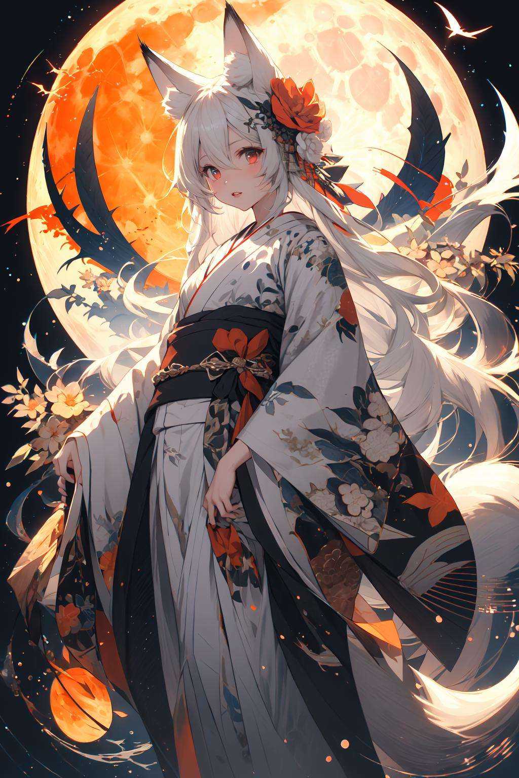 (masterpiece:1.2), best quality,PIXIV,  As the moon,1girl, solo, long hair, moon, japanese clothes, kimono, white hair, ahoge, looking at viewer, animal ears, red eyes, long sleeves, bangs, full moon, wide sleeves, floral print, hair ornament, tassel, hair between eyes, flower, standing, parted lips, fox ears, animal ear fluff, white kimono, hair flower, print kimono, very long hair, hand fan, white flower, feet out of frame <lora:As the moon_20230809104912-000018:1>