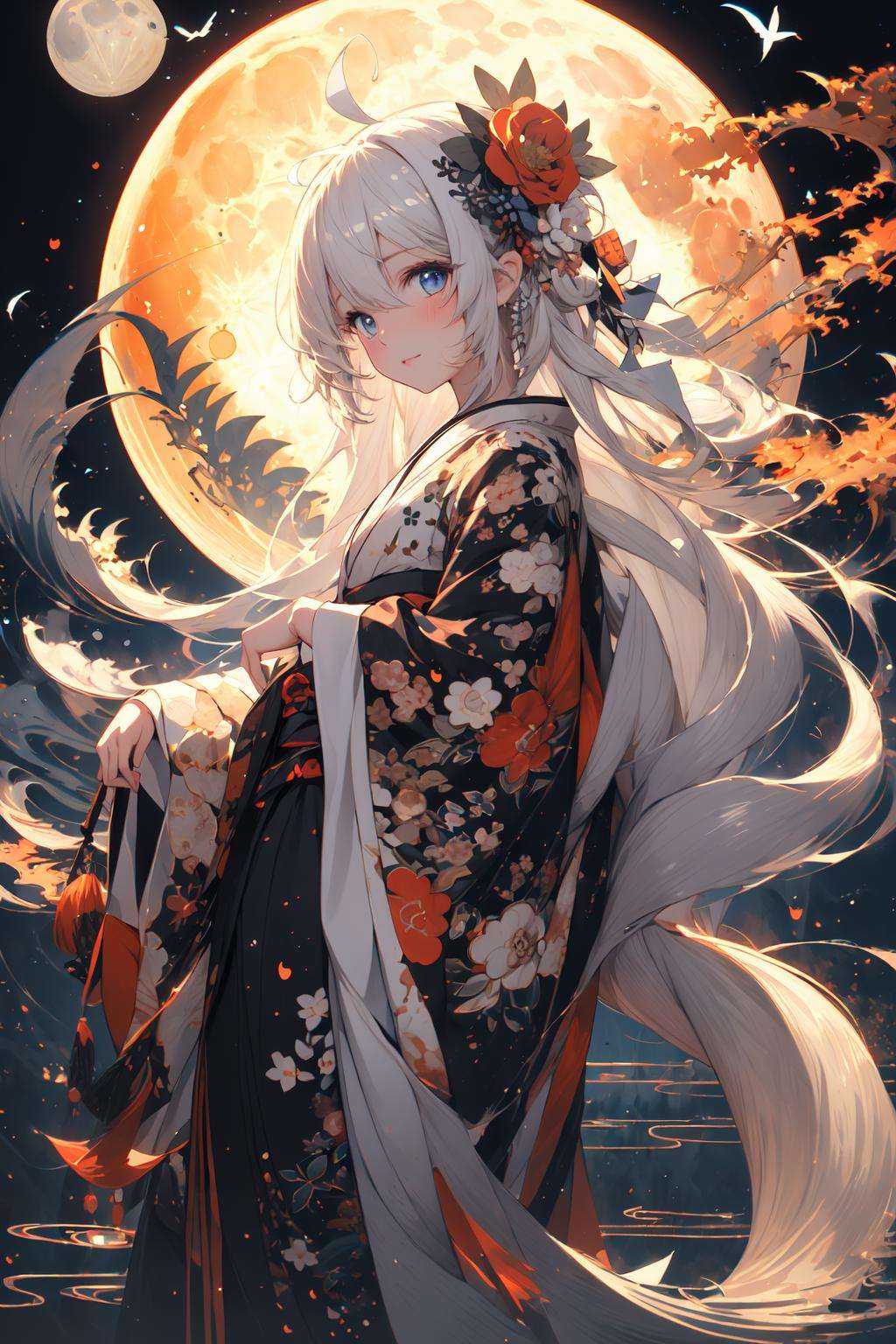 (masterpiece:1.2), best quality,PIXIV,  As the moon,1girl, solo, japanese clothes, long hair, kimono, hair ornament, looking at viewer, flower, white hair, holding, blue eyes, hair flower, ahoge, bangs, long sleeves, wide sleeves, moon, blush, floral print, print kimono, standing, closed mouth, holding flower, night <lora:As the moon_20230809104912-000018:1>