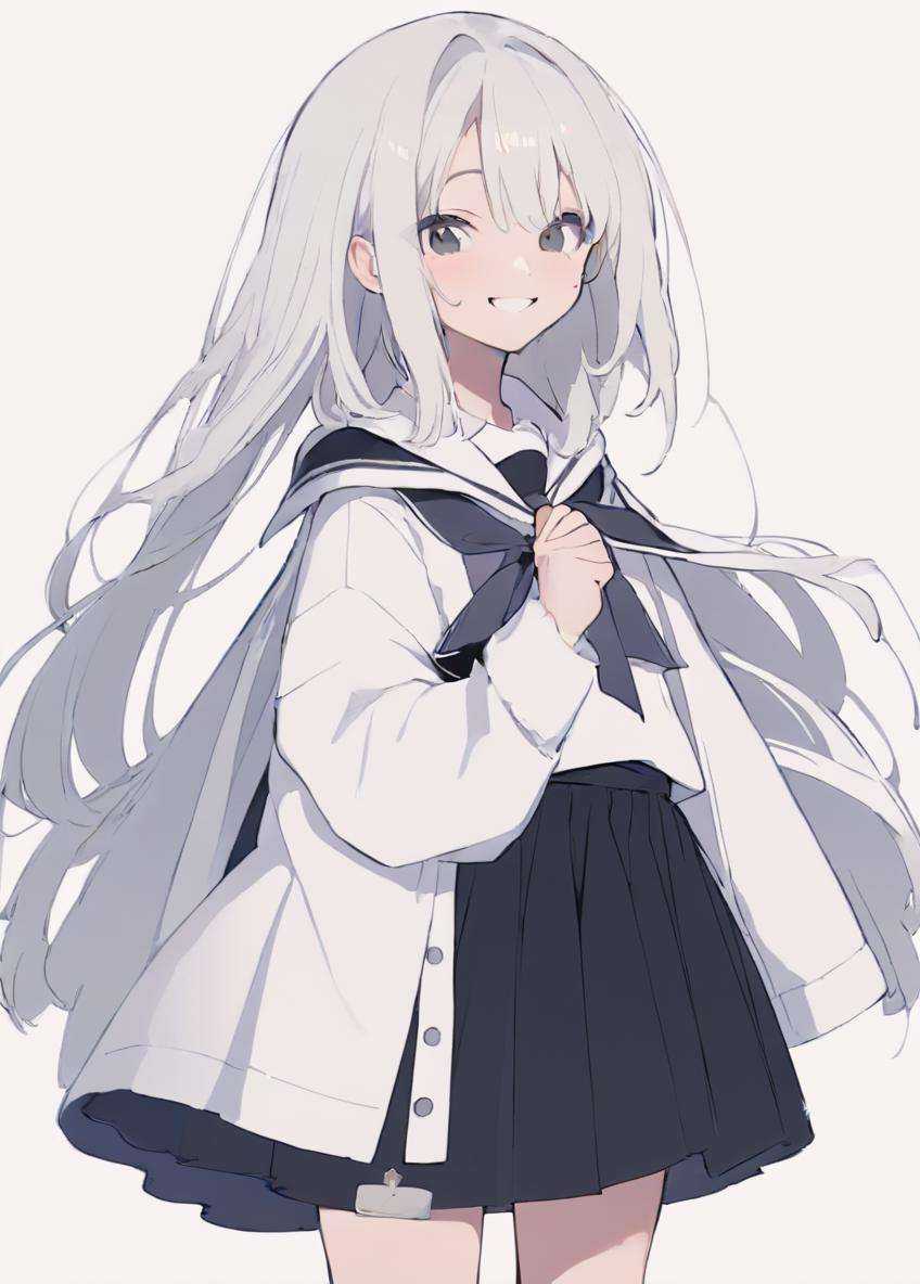 ((((loli)))),long eyelashes,hair_ornament,wavy_hair,cute,shy,(magazine cover:1.4),1girl,solo,extremely detailed CG unity 8k wallpaper,lens 135mm, young girl,(white background:1.5),full body,simple background,,straight-on,smile,closed mouth,cape,naughty face,ahoge,close-up(serafuku),white shirt,white sweater vest,(black long skirt:1.4),full body:1.7, <lora:EMS-20500-EMS:0.6>