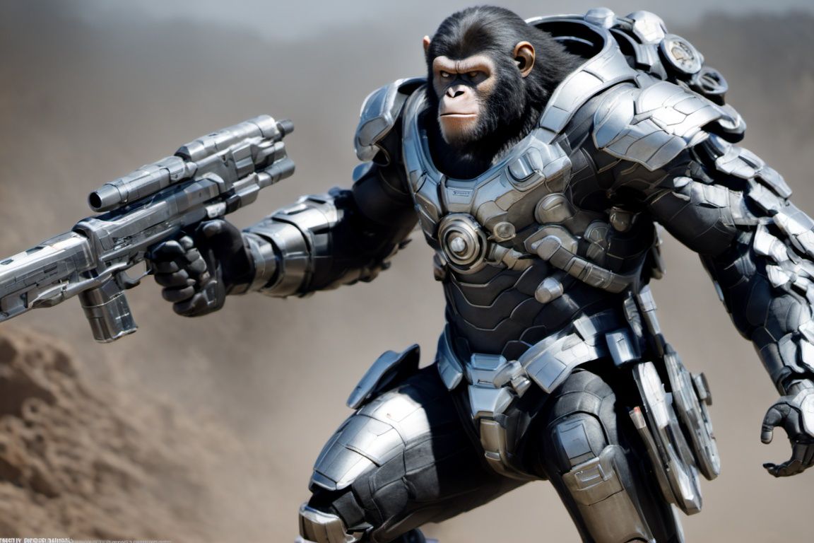 ultra realistic,(masterpiece, best quality), planet of the apes, sci-fi chimpanze mecha soldier characters escorting spider seige ****, aiming railguns, swinging power hammer, Matte white armor with candy red illuminated trim, dragon ball z scouter, salat helmet, Mass Effect N7 Armor, human skulls on belt and back, wrist mounted blades, wrist mounted alien gun, glowing power cells and coils, anthropomorphic figure, intricate details, detailed glowing amber eyes, various fur types, lifelike fur, wearing round bulky futuristic armor with glowing details, mechanical, faces high attention to detail, nice large flat surfaces of armor, interlocking armor peices, charging pose on all four limbs, jetpacks, exo suits, Hydralic tubes on armor, energy grenade on belt and various tools, reflection mapping, realistic figure, Large mecha gun with drum mag, hyperdetailed, cinematic lighting photography, landscape jungle alien planet with futuristic industrial mining equipment,tree houses, moab rocks scttered, highly detailed faces of all characters in scene, dslr, 8k, 4k, ultrarealistic, realistic, natural skin, textured skin,Movie Still,cyborg style,mecha