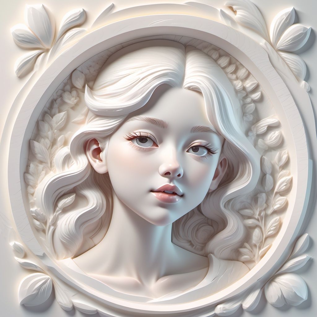 beautiful Girl's face, 3D white relief, portrait, high resolution,Relief style