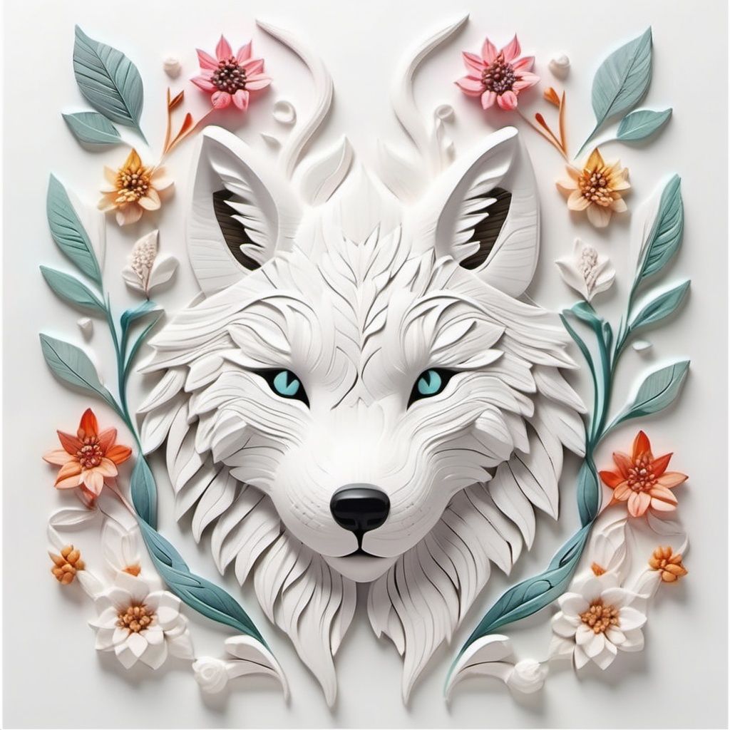 Paint a picture of the perfect balance between art and nature. spirit animal, Incorporate elements like flowers, leaves, animals, and other natural patterns to create a unique and intricate design, ymmetrical,perfect_symmetry,Leonardo Style,oni style, line_art,3d style, white background,colorful