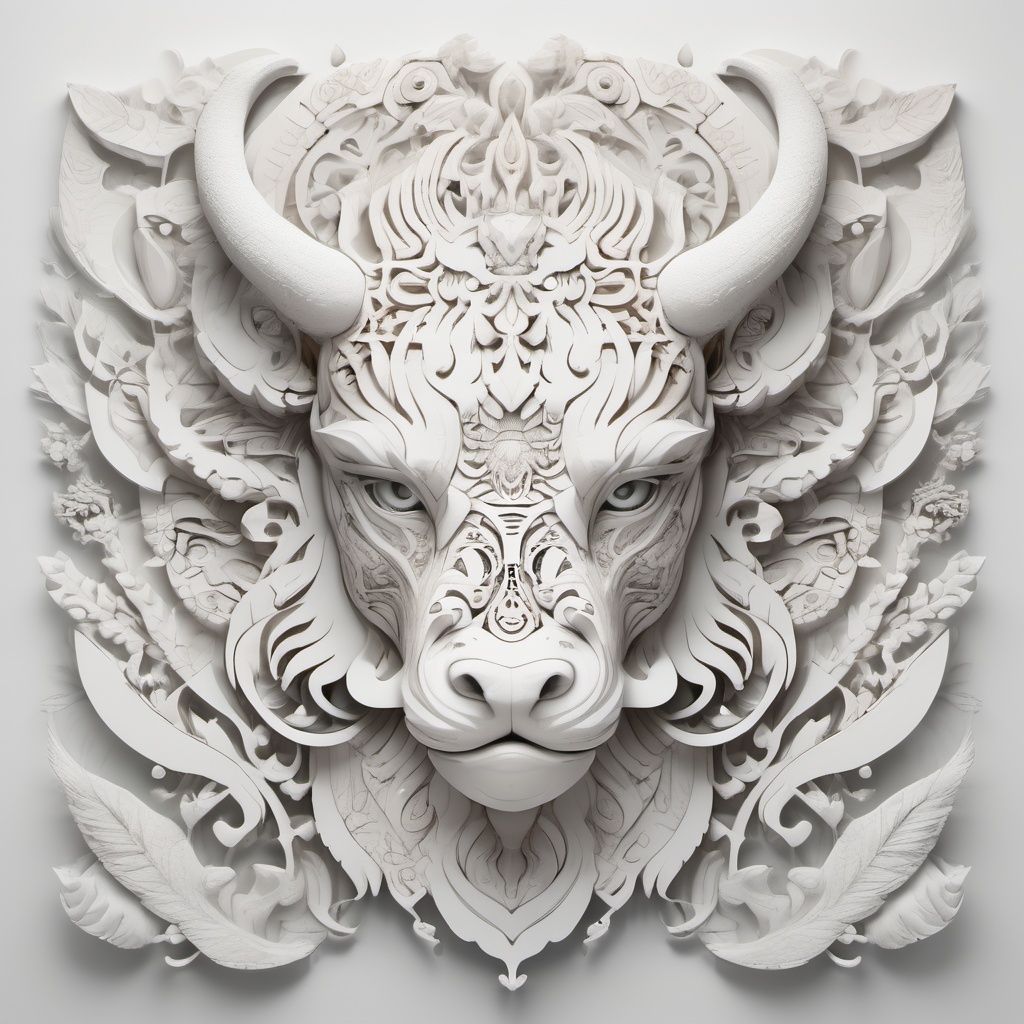 Paint a picture of the perfect balance between art and nature. spirit animal, Incorporate elements like flowers, leaves, animals, and other natural patterns to create a unique and intricate design, ymmetrical,perfect_symmetry,Leonardo Style,oni style, line_art,3d style, white background