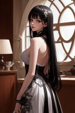 ,(((masterpiece,best quality))),((good structure,Good composition,good atomy)), ((clear, original,beautiful)),buxie,1girl,long hair,black theme,indoors,dress,