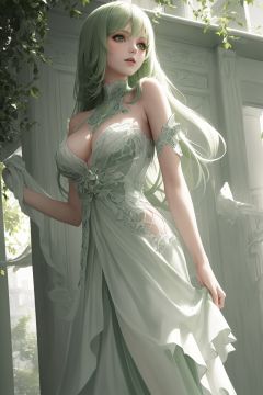 ,(((masterpiece,best quality))),((good structure,Good composition,good atomy)), ((clear, original,beautiful)),buxie,1girl,long hair,(green white theme:1.3),out doors,dress,
