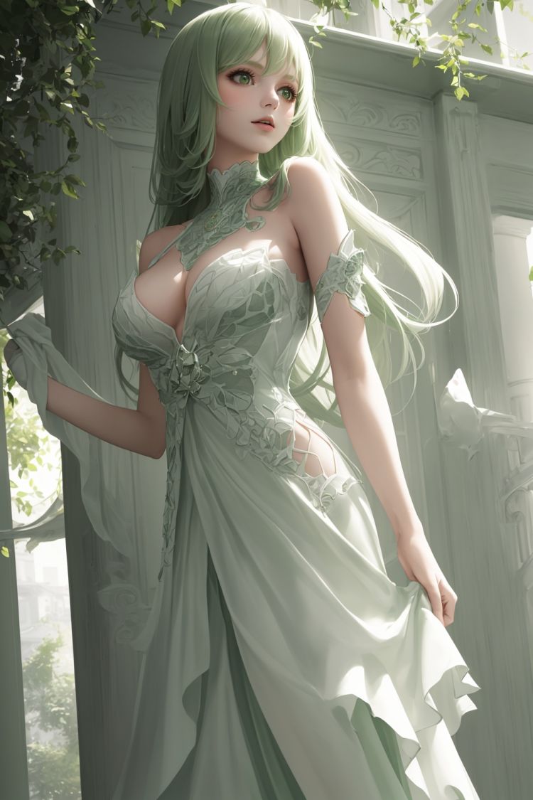 ,(((masterpiece,best quality))),((good structure,Good composition,good atomy)), ((clear, original,beautiful)),buxie,1girl,long hair,(green white theme:1.3),out doors,dress,