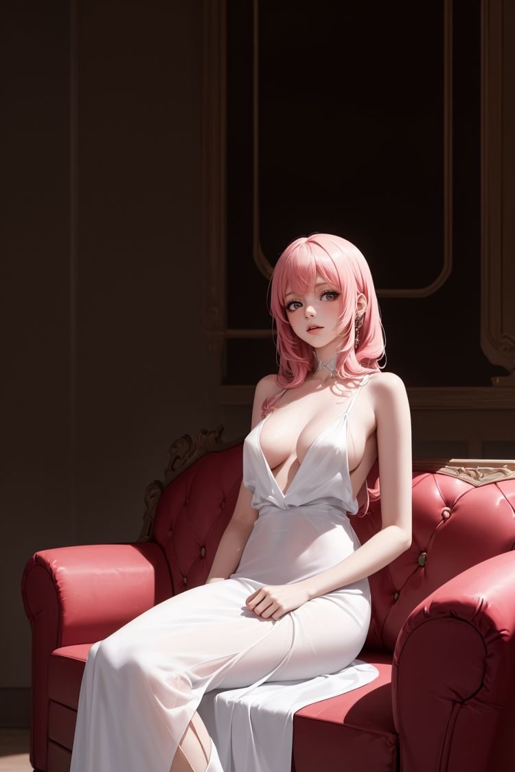 ,(((masterpiece,best quality))),((good structure,Good composition,good atomy)), ((clear, original,beautiful)),buxie,1girl,long hair,short dress,pink hair,sitting on couch,indoors,seecolor