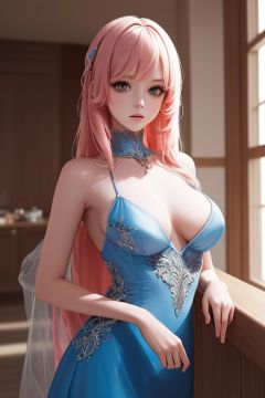 ,(((masterpiece,best quality))),((good structure,Good composition,good atomy)), ((clear, original,beautiful)),buxie,1girl,long hair,pink hair,blue theme,indoors,dress,