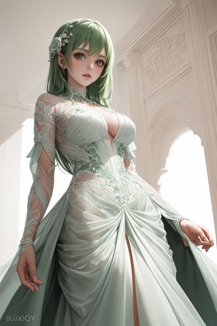 ,(((masterpiece,best quality))),((good structure,Good composition,good atomy)), ((clear, original,beautiful)),buxie,1girl,long hair,(green white theme:1.3),out doors,dress,