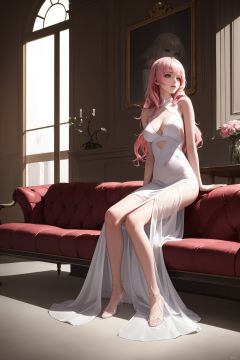 ,(((masterpiece,best quality))),((good structure,Good composition,good atomy)), ((clear, original,beautiful)),buxie,1girl,long hair,short dress,pink hair,sitting on couch,indoors,seecolor
