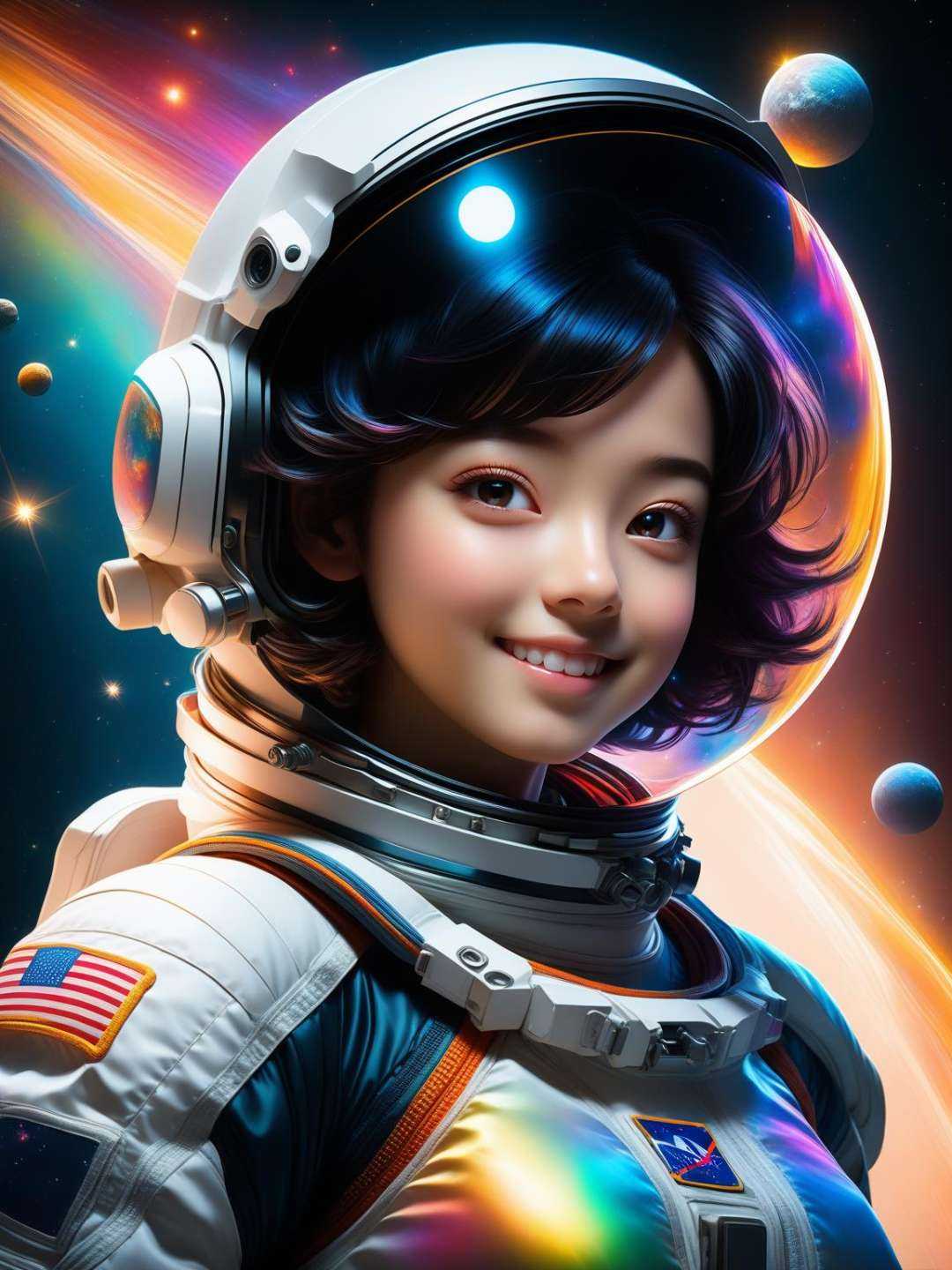 masterpiece, best quality, Half body portrait, 1girl, anime, 3D, realistic, **** girl, smiling, cute face, short hair, astronaut helmet, starry universe background, true light, bodysuit, beautiful, sexy, colourful, nsfw, smooth skin, illustration, by stanley artgerm lau, sideways glance, foreshortening, extremely detailed, high resolution, ultra quality, glare, Iridescent, Global illumination, realistic light and shadow, hd, 8k, 