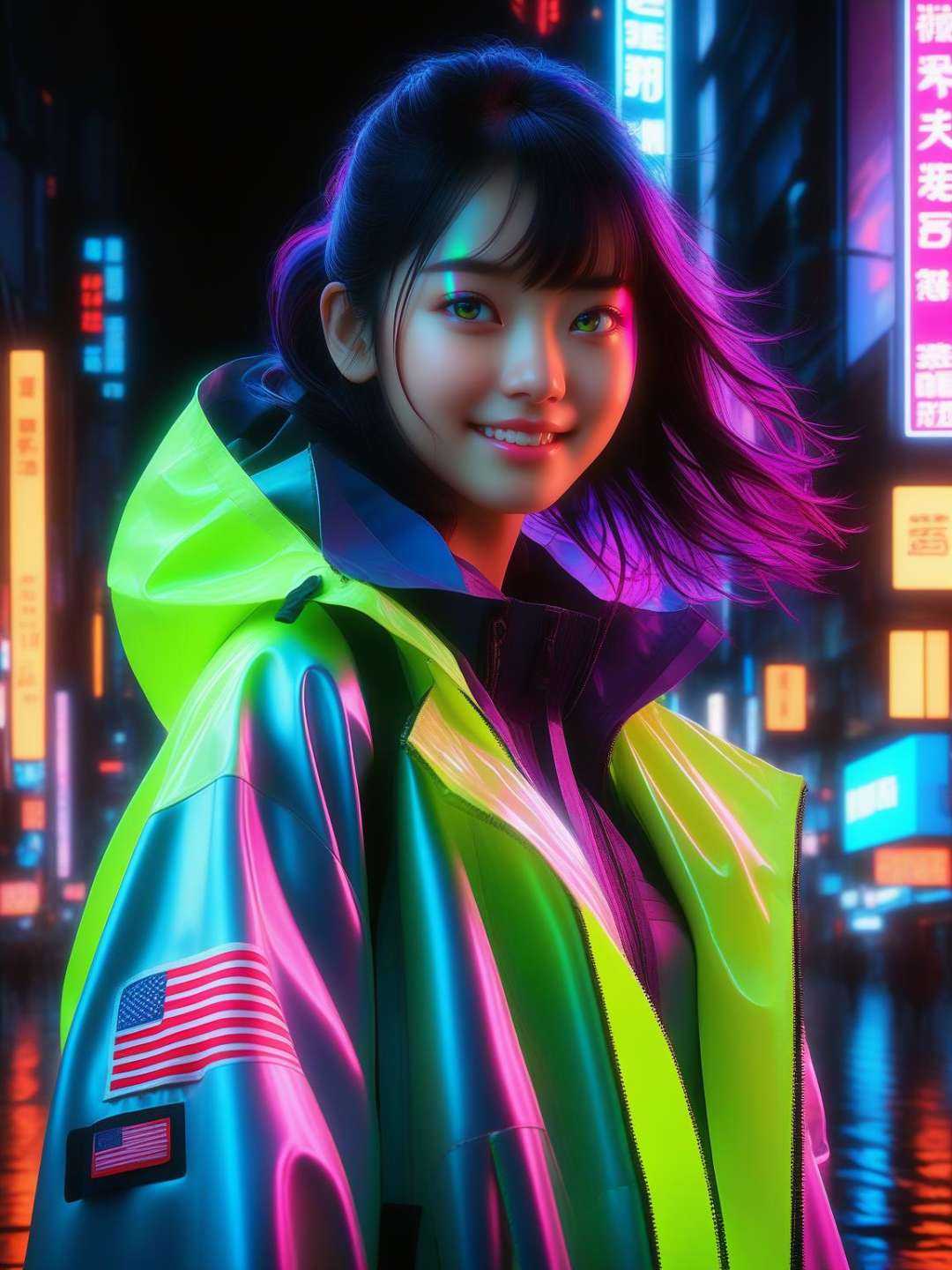masterpiece, best quality, half body, portrait, night city, 1girl, anime, 3D, Japan, pixar, realistic, **** girl, smiling, cute face, harajuku fashion style, rain coat, beautiful, colourful, neon lights, cyberpunk, smooth skin, illustration, by stanley artgerm lau, sideways glance, foreshortening, extremely detailed 8K, smooth, high resolution, ultra quality, highly detail eyes, highly detail mouth, highly detailed face, perfect eyes, both eyes are the same, glare, Iridescent, Global illumination, hd, 8k realistic light and shadow, bright Eyes, fluorescent eyes, 