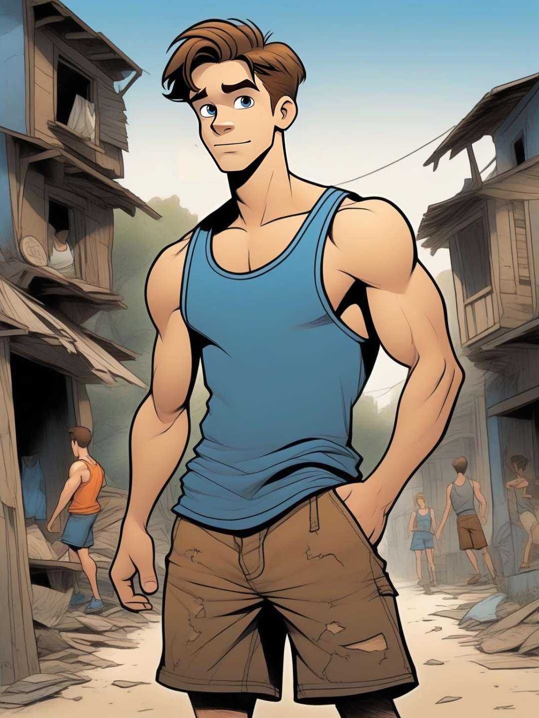 A cartoon like **** in his twenties, wide angle shot of a **** in a ripped dark blue **** top and brown shorts, poorly dressed, in the style of hand colored cartoon, mike allred, don bluth, cartoonish caricatures, standing in shabby ripped clothes, a dark blue **** top and brown shorts, 