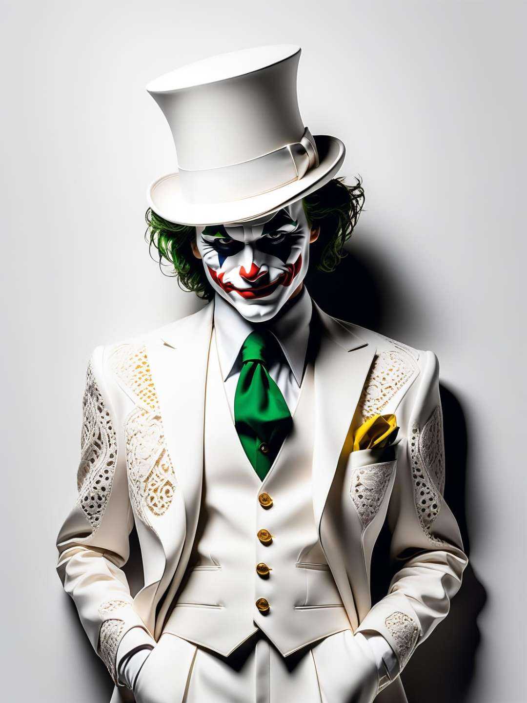Minimalist fasion photo of a Joker in white suit and hat. White filigree background on Tensor.Art
