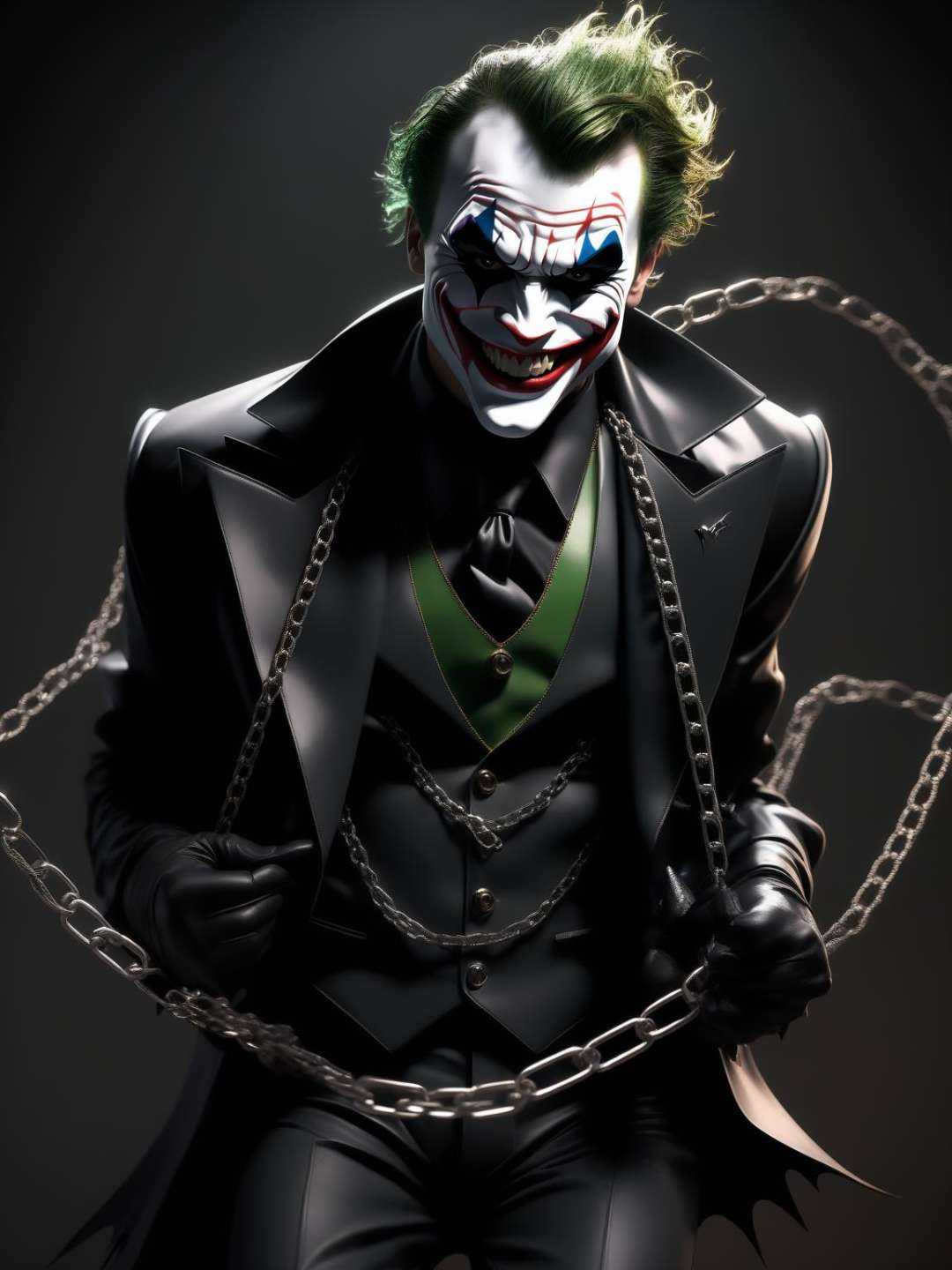 (joker in punk style batman suit), grin from ear to ear, showing sharp teeth, surreal image with chains flying around, skinny body and tight black bdsm suit, scene dark with simple black background, 8k, hd, high quality, high detail, perfect hands, 