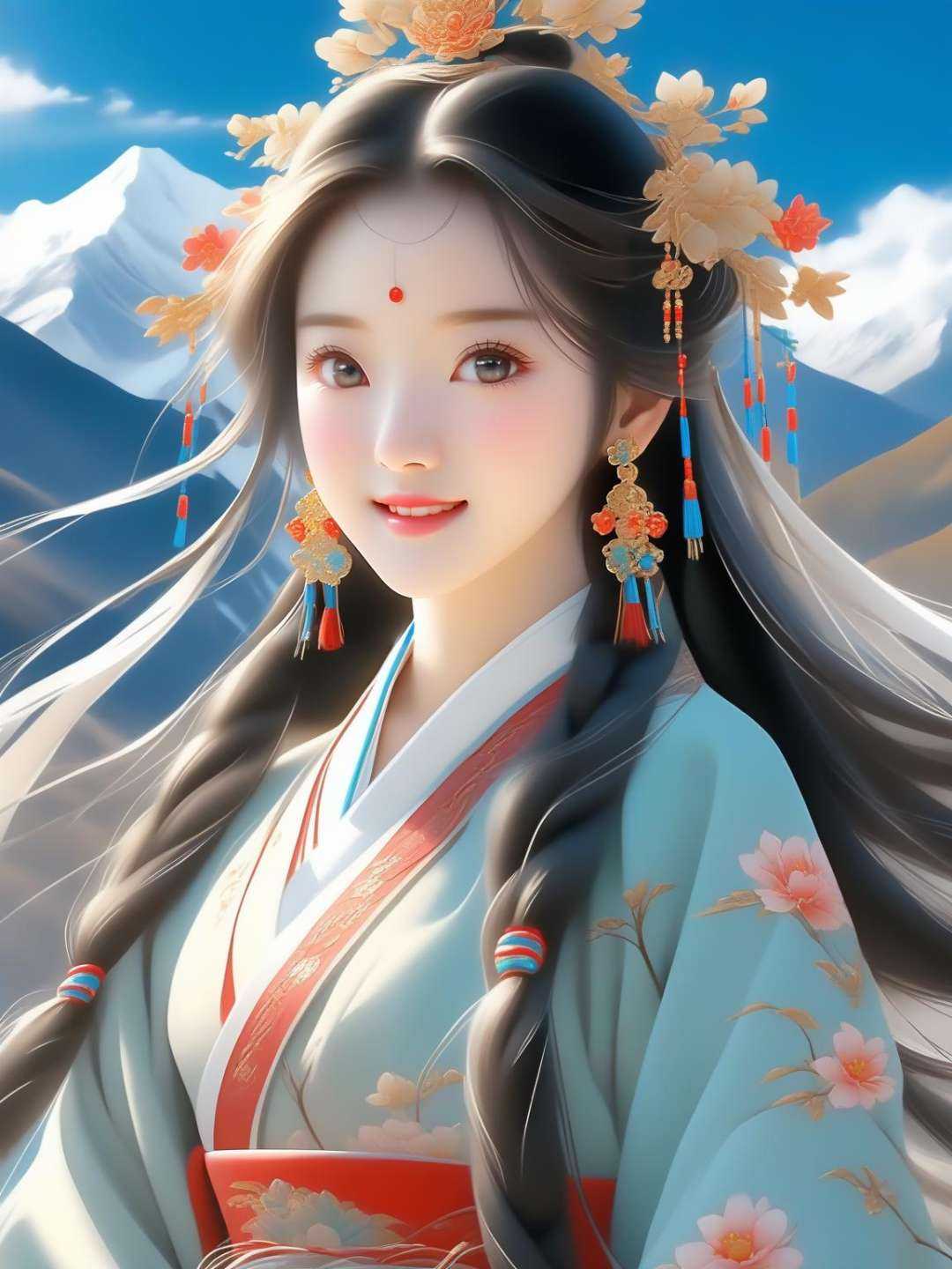 An amazingly beautiful young Chinese gril, star gao yuanyuan, big eyes, very cleanand delicate face, soft and delicate face lines, smiling, optimistic and confident, beautiful long braids, Wear some traditional rich Tibetan ornaments, flowers and beads, side face, side view, long shot, very delicate facial features, Blue sky and white clouds, with snowy mountains in the background，Full body, panoramic, in the snow, Movie scene，Ultra high definition, highest picture quality, highest quality，16k, 