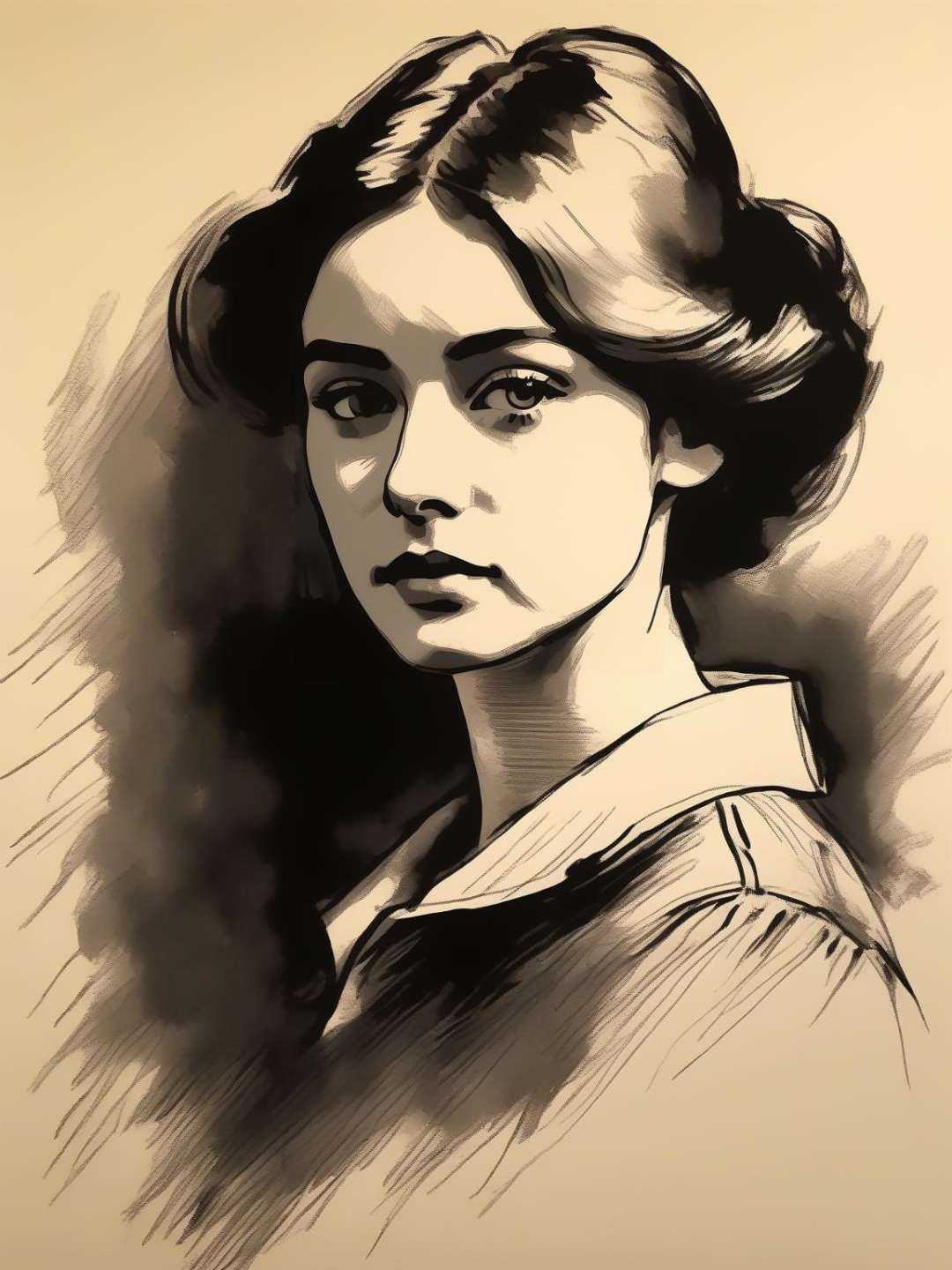 A hand drawn Victorian era portrait of a young woman in her late 20s, post impressionist style, minimalist brush work, prosaic style, beautifully shaded, black ink on manilla paper, 