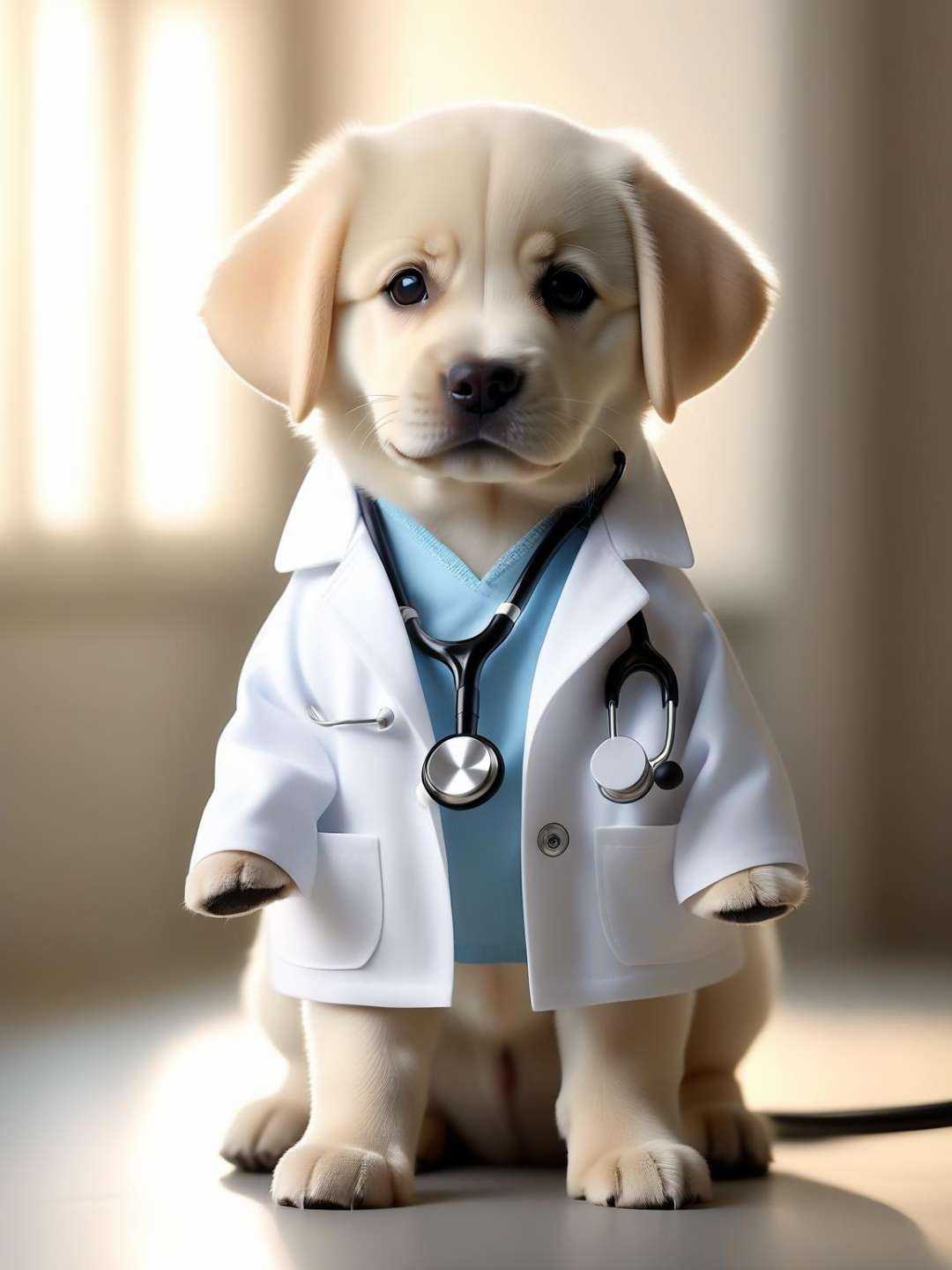 a lovable Labrador puppy sporting a crisp white lab coat and stethoscope, extremely realistic, warm light, ultra high quality down to the hairs, 8k, full hd, very high detail, 