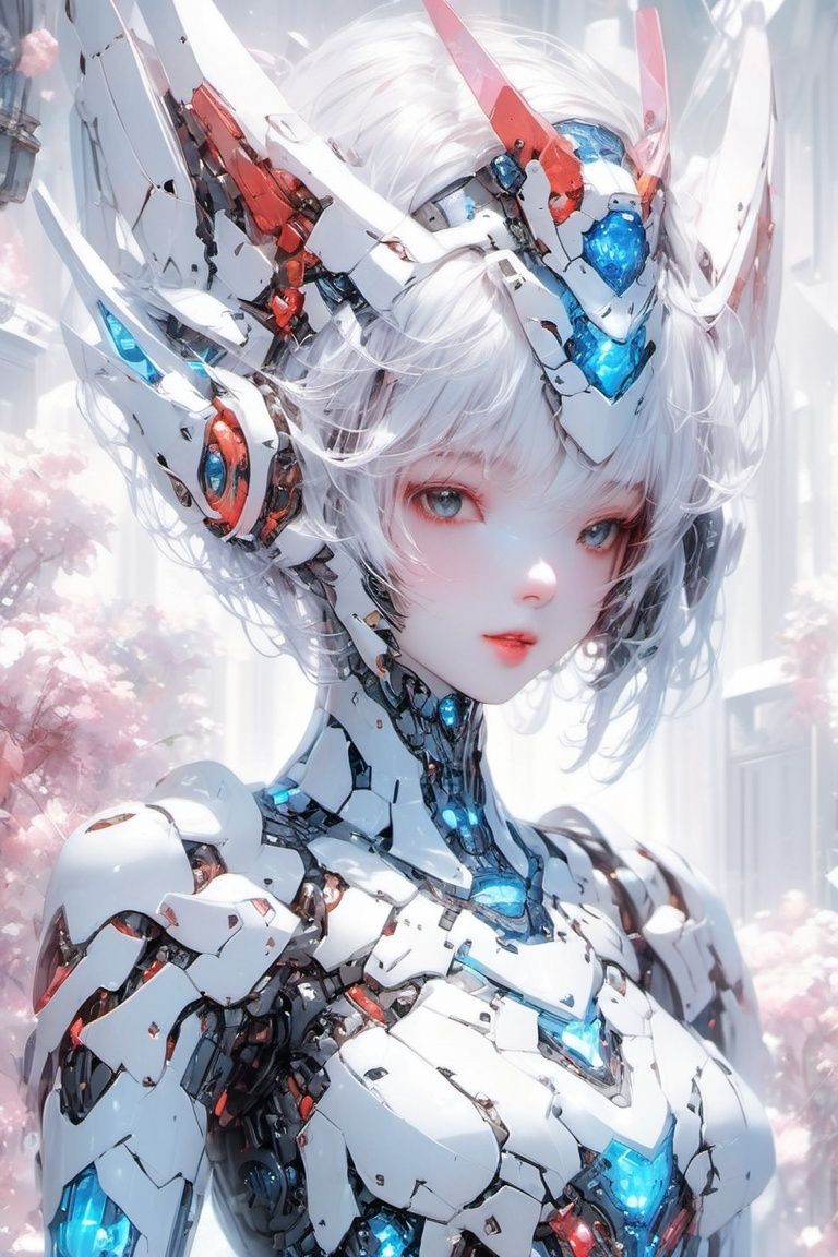 (masterpiece, top quality, best quality, official art, beautiful and aesthetic:1.2),(1girl),extreme detailed,(fractal art:1.3),colorful,highest detailed..,,White,Chest,Abdomen,(universe background,surreal),((blue short hair)),,a face,(Only one face.:1.1),.,relief,Pink Mecha,((red eyes))
