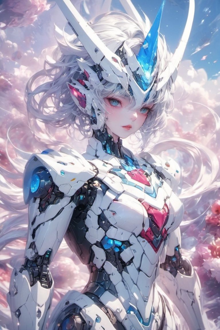 (masterpiece, top quality, best quality, official art, beautiful and aesthetic:1.2),(1girl),extreme detailed,(fractal art:1.3),colorful,highest detailed..,,White,Chest,Abdomen,(universe background,surreal),((blue short hair)),,a face,(Only one face.:1.1),.,relief,Pink Mecha,((red eyes))