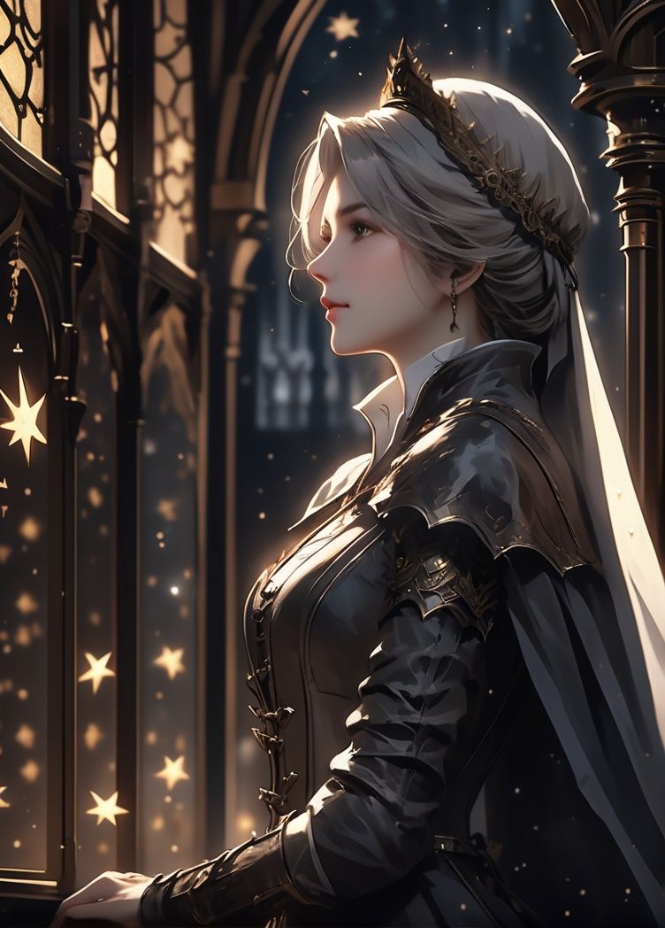 by wlop, anime style, illustration, Maria from Bloodborne with tears streaming down her face, standing in front of the window of the Tower of Stars in her metal mechanical prosthetics, Victorian steampunk style, close-up, cinematic, ultra detailed, intricate, best quality, masterpiece, highres,