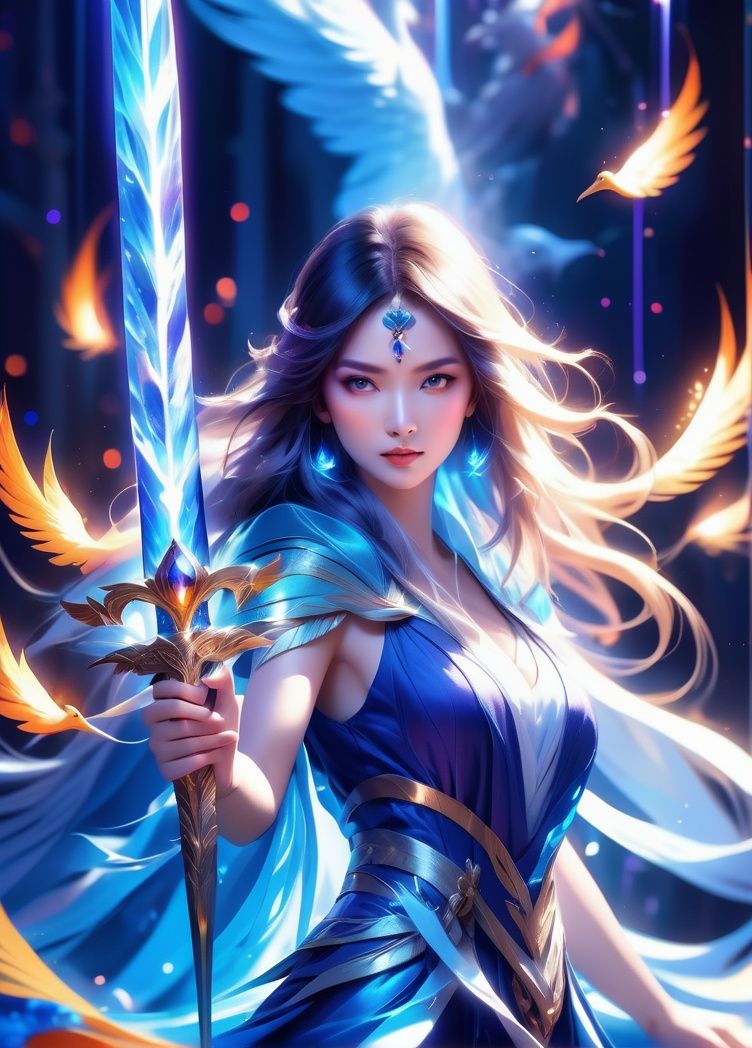 (mysterious:1.3), ultra-realistic mix fantasy, (giant eastern phoenix:1.2), asian woman holding a  energy thunder sword,void thunder sword, in the style of dark azure and light azure, mixes realistic and fantastical elements, vibrant manga, uhd image, glassy translucence, vibrant illustrations, ultra realistic, long hair, straight hair, white  hair,head jewelly, jewelly,light In eyes, red eyes, portrait, firefly, bokeh, fantasy, colorful waterfall, flame, very detailed, high resolution, sharp, sharp image, 4k, 8k, masterpiece, best quality, magic effect, (high contrast:1.4), dream art, diamond, skin detail, face detail, eyes detail, mysterious colorful background, dark blue themes